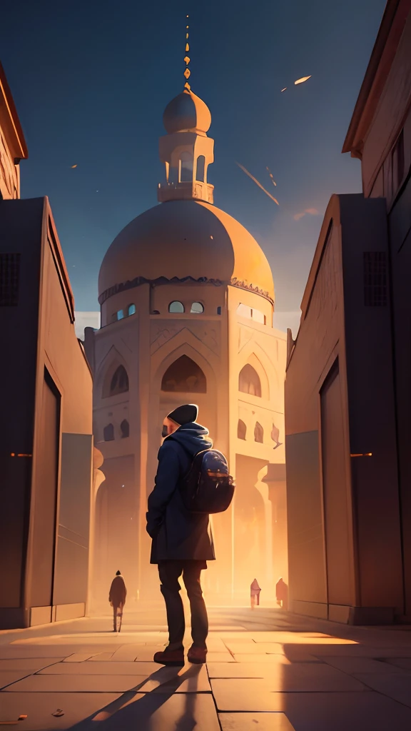 anime - style image of a collage man standing in front of a mosque in the background, facing the background, makoto shinkai cyril rolando, beautiful anime scene, kimi no nawa, close up photo