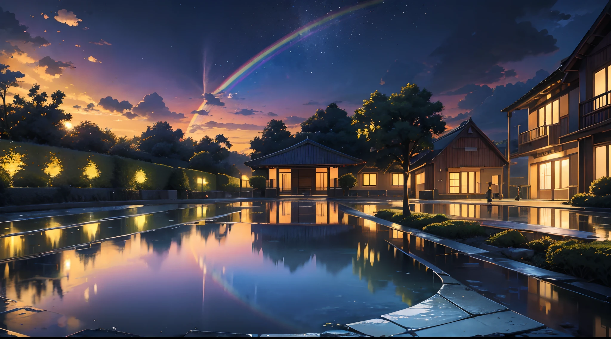An anime-inspired scene with intricate details where children play happily in a puddle of water. Ensure the highest quality and use HDR, UHD and 64K resolution for a complex composition. Incorporate a vivid, colorful rainbow arcing across the sky. Artists: Hayao Miyazaki, Makoto Shinkai