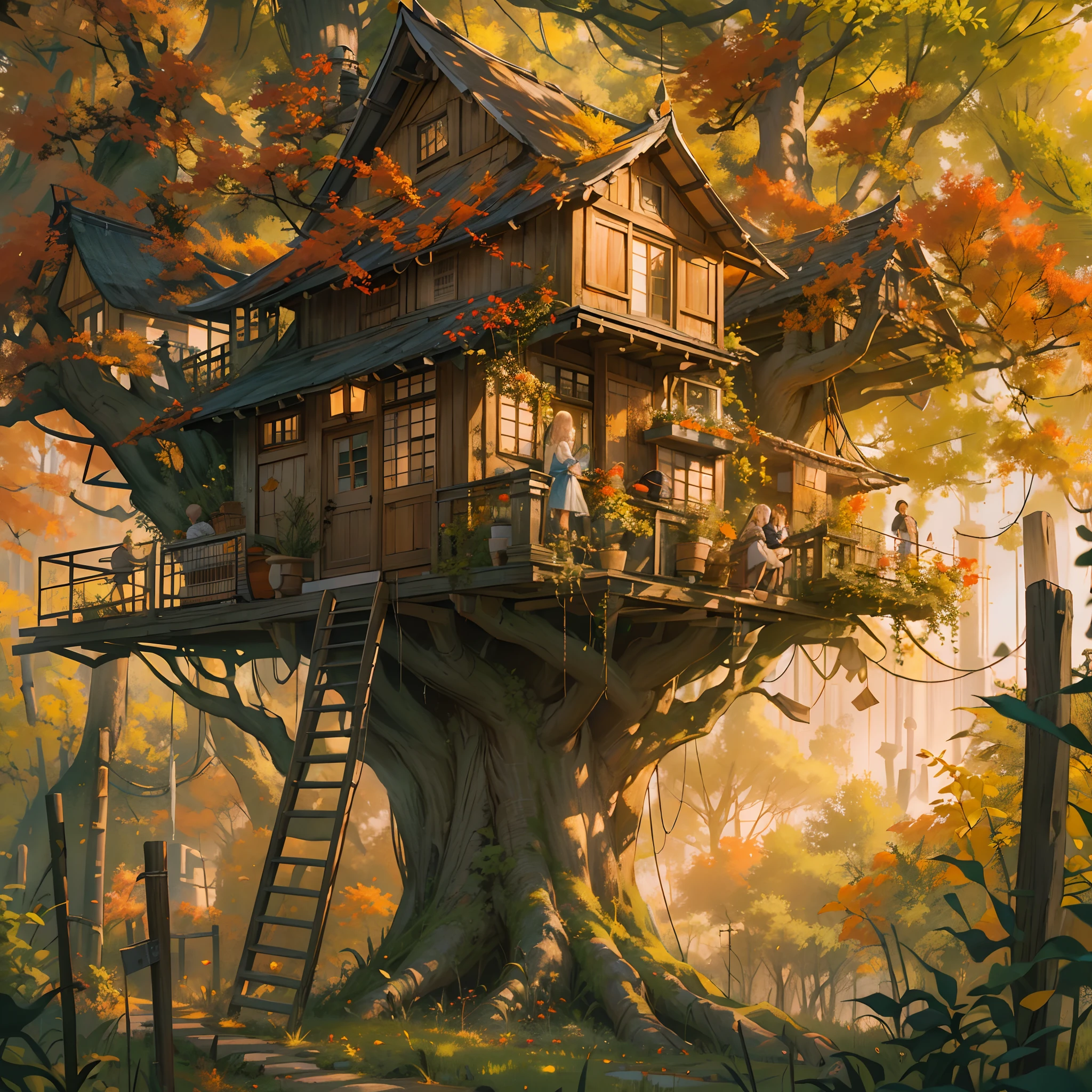 In the sunny autumn scenery,A tree house built on a tree,Secret base for girls,Tree house in girl style,1个Giant Breast Girl,Railway with golden rice background,Messy wires and poles,An oncoming train,White smoke,The late autumn sun shines on the girl's face, Great attention to detail when shooting scenes, From the realistic textures of rice paddies to the fine brushstrokes that bring tree houses to life. This is a masterpiece of art, The resolution is 4K or even 8K, Bring out the full beauty and richness of the scene.