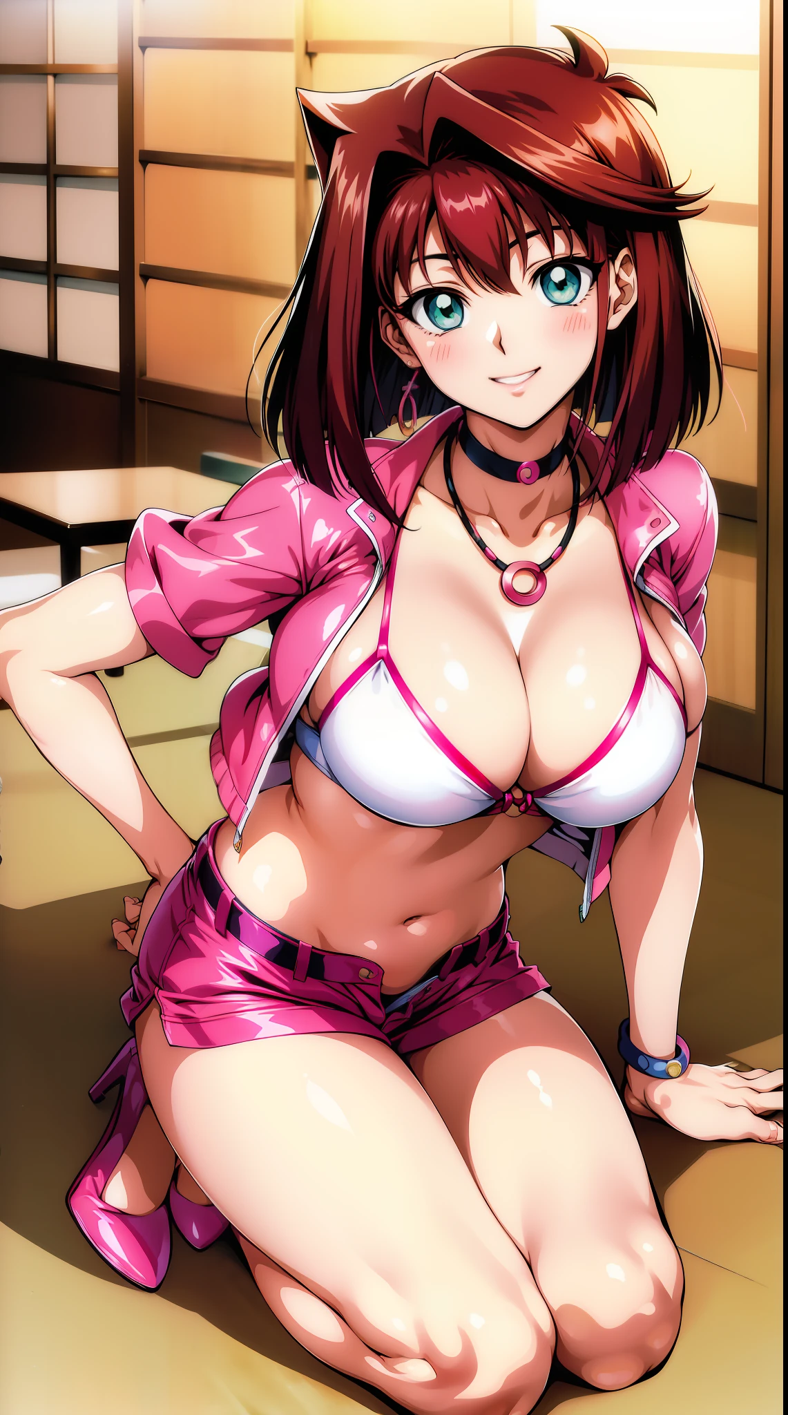 巨作, Best Quality, highres, Amazake, (Antenna hair:1.2), smile, Navel huge breasts Mazaki Anzo Kyoko Masaki / Yu Ji Oh! Cyan eyes Bright yellow bra pink jacket pink shorts necklace, choker, watch earrings green eyes high heels