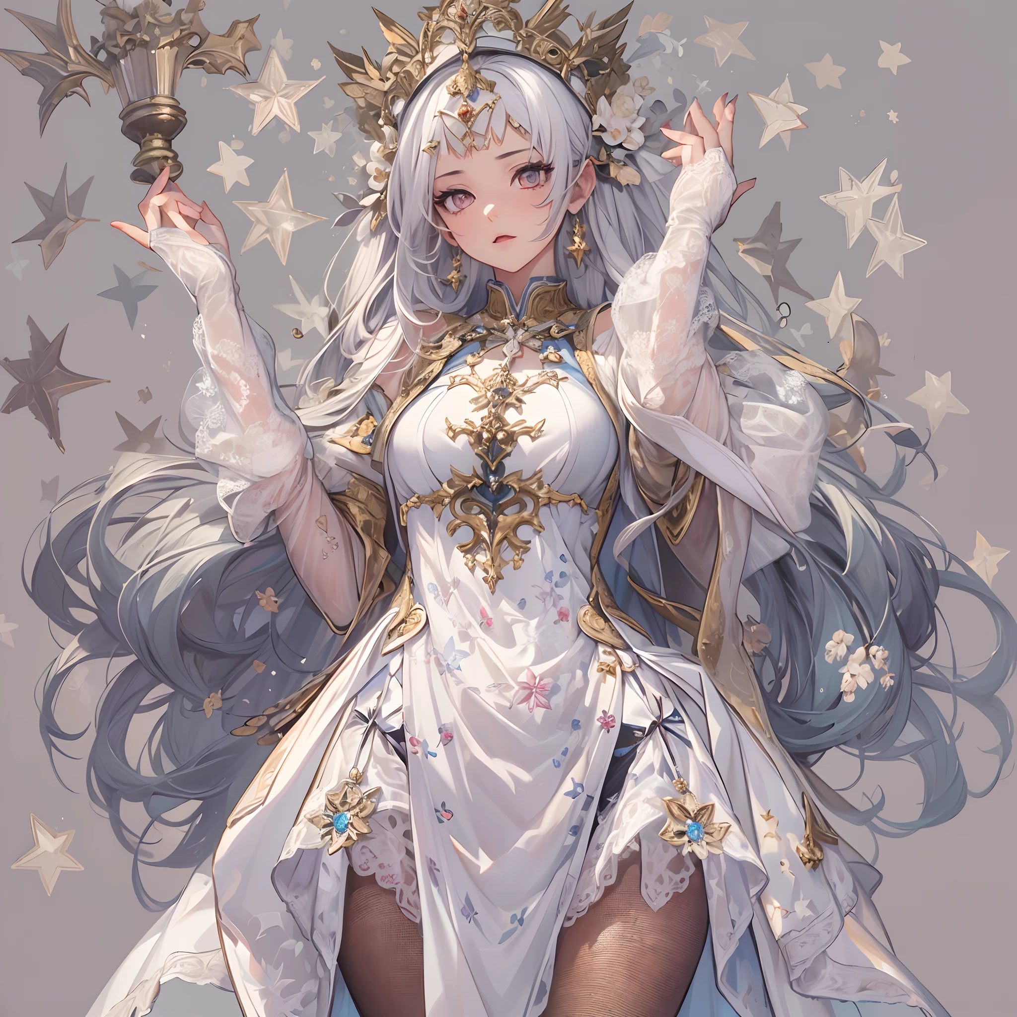 ((Masterpiece, Highest quality)), Detailed face, CharacterDesignSheet， full bodyesbian, Full of details, Multiple poses and expressions, Highly detailed, Depth, Many parts，Beautiful priest girl，estilo fantasia，Extremely beautiful，High Balance, Natural light, Lace，lacepantyhose，starrysky，Star decoration
