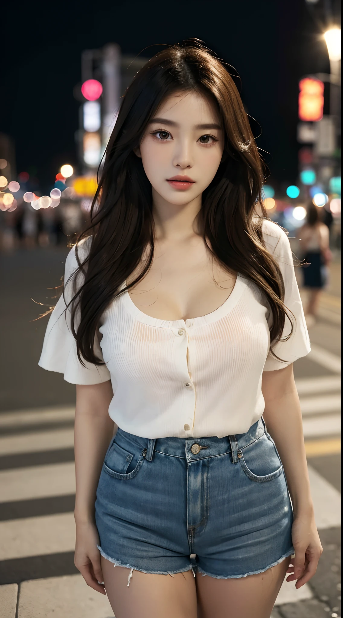 (Best quality,16k,A high resolution,Masterpiece:1.2),Ultra-detailed,(Realistic,Photorealistic,photo-realistic:1.37),Korean fashion beauty,Japanese and Korean beauties,cute and innocent,Detailed eyes and face,beautiful detailed lips,White teeth,Long eyelashes,slimification,fashionable in dressing,Shorts short skirt,Plump upper circumference,Large breasts,cleavage,(Lovely,Charming:1.1),Colorful street background,Stylish clothes and accessories,The fabric of the clothes is smooth,Portrait style photography,Vivid colors,Street lights.