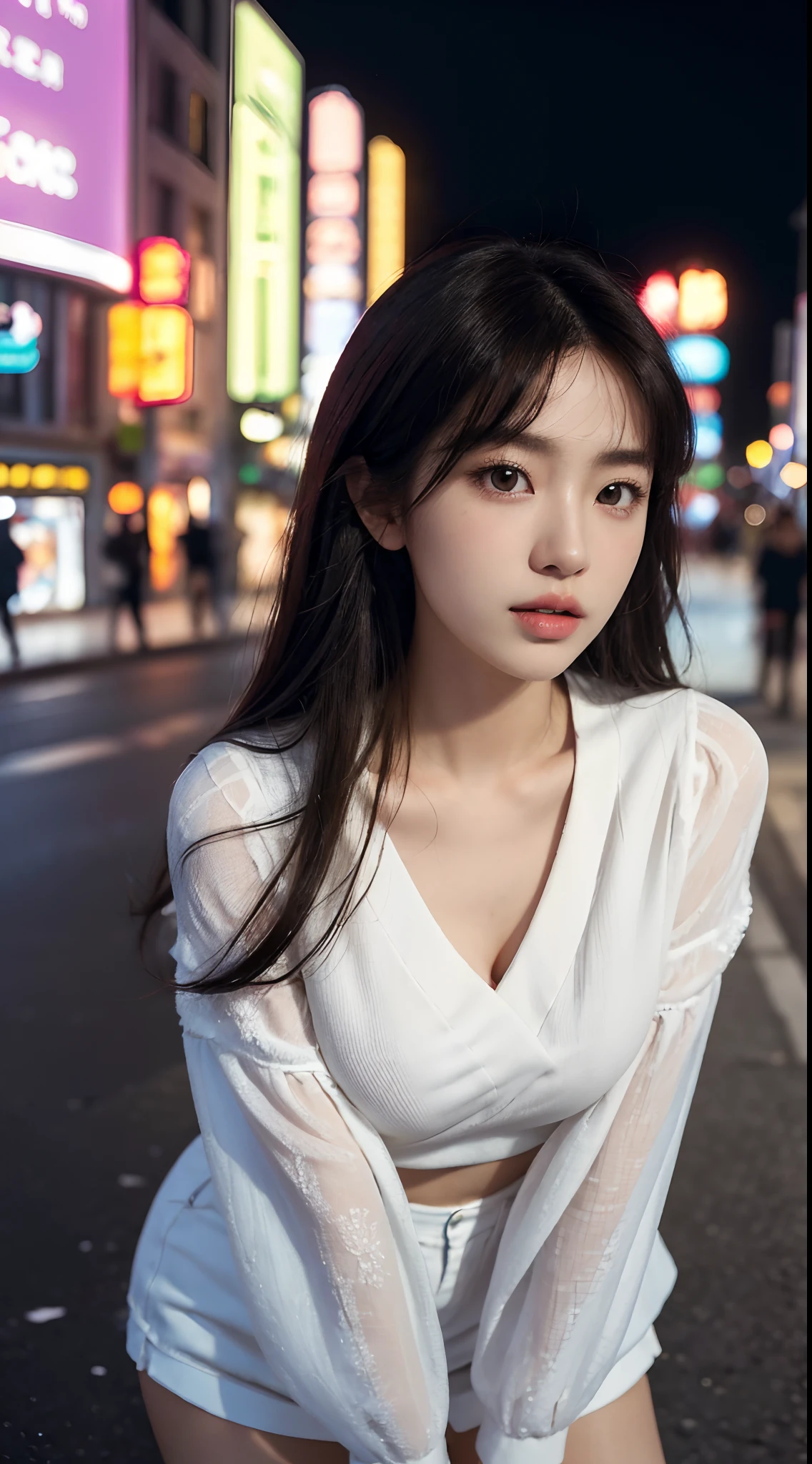 (Best quality,16k,A high resolution,Masterpiece:1.2),Ultra-detailed,(Realistic,Photorealistic,photo-realistic:1.37),Korean fashion beauty,Japanese and Korean beauties,cute and innocent,Detailed eyes and face,beautiful detailed lips,White teeth,Long eyelashes,slimification,fashionable in dressing,Plump upper circumference,Large breasts,(Lovely,Charming:1.1),Colorful street background,Stylish clothes and accessories,Portrait style photography,Vivid colors,Street lights.