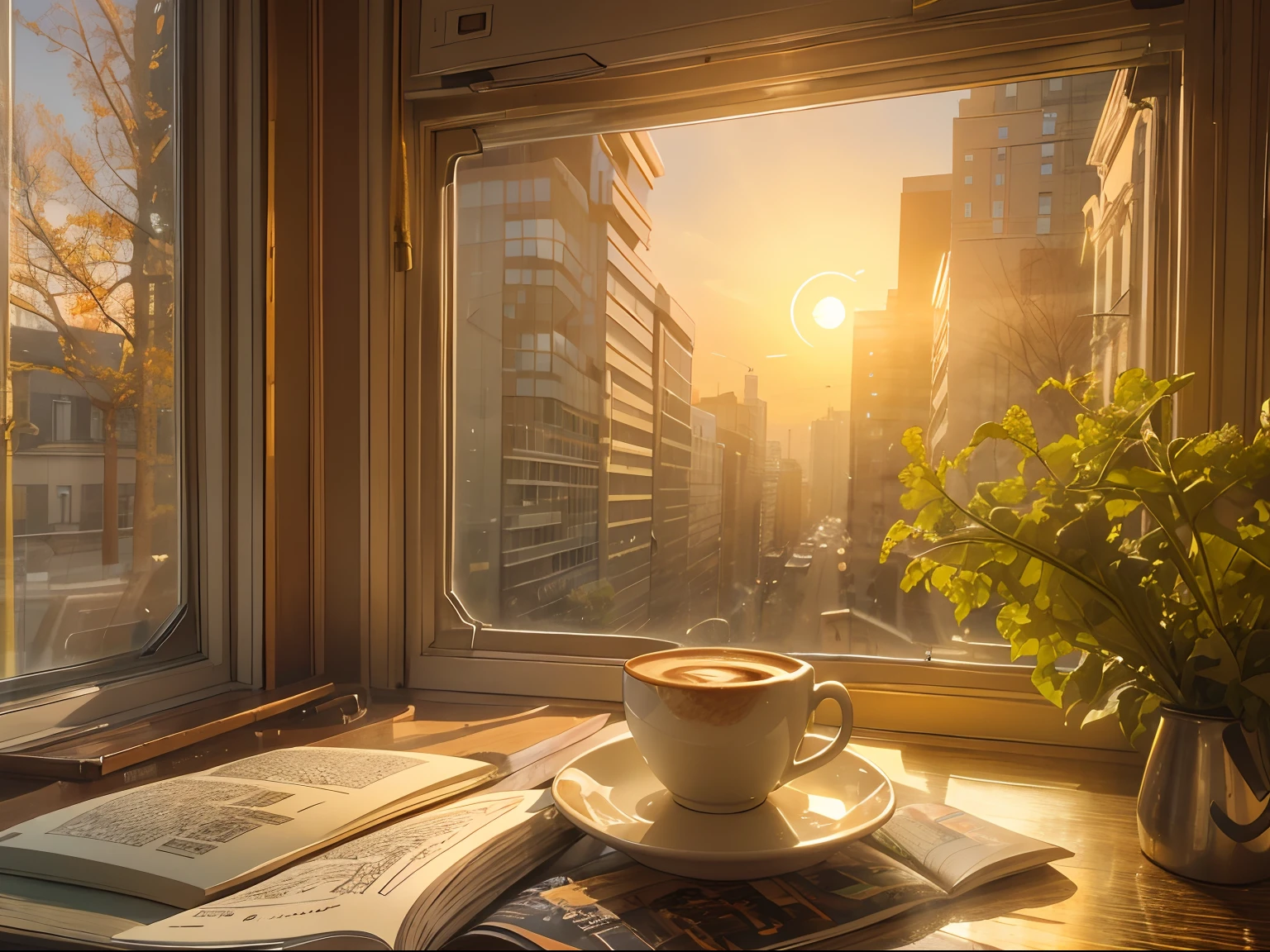 Peaceful morning in the city,On the desk by the window was an open book,Next to it is a cappuccino,The sun shines on the book,You can see the rising sun from the window,Golden yellow tones,Very detailed,Perfect stills,high-definition photograph,8K