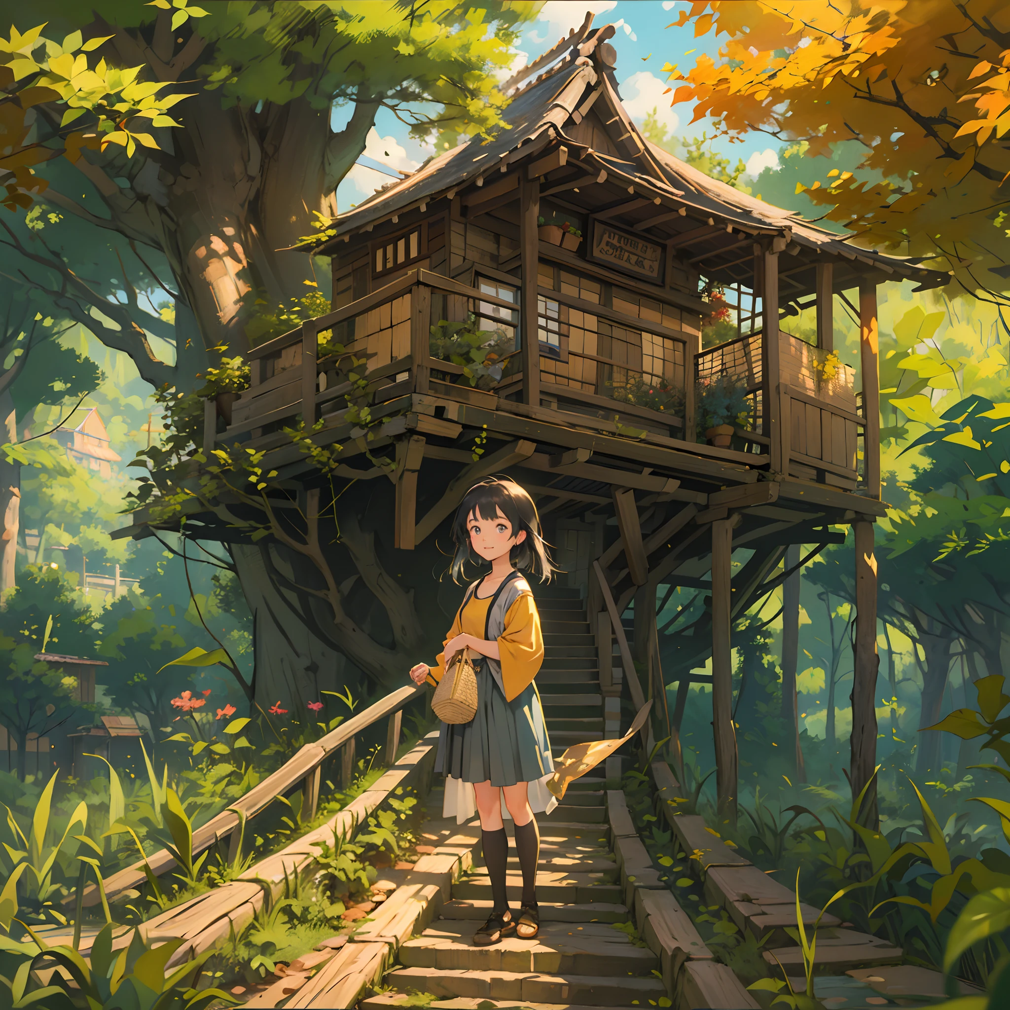 In the sunny autumn scenery, A girl stands on a platform surrounded by rice paddies and railroad tracks. She gazed at the treehouse nestled in the woods, Reminiscent of Studio Ghibli and Makoto Shinkai's charming art style. The treehouse is intricate, vibrant with colors,It's magical. the sunlight filters through the leaves of the tree, Cast a warm and nostalgic glow on your surroundings, creating a serene and peaceful atmosphere. The girl's eyes flashed with curiosity and surprise,She admires the tree house, A gentle smile appeared at the corner of her mouth. Great attention to detail when shooting scenes, From the realistic textures of rice paddies to the fine brushstrokes that bring tree houses to life. This is a masterpiece of art, The resolution is 4K or even 8K, Bring out the full beauty and richness of the scene.