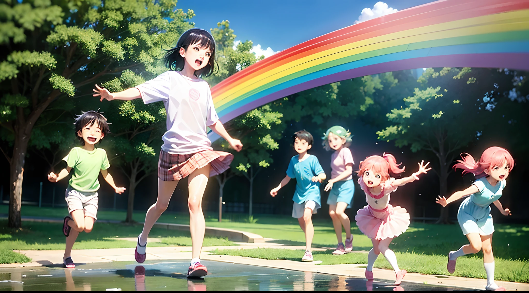 An Anime-style illustration capturing the pure excitement of children playing in a puddle. Pay special attention to children's expressions and movements. Make the rainbow in the background vibrant and mesmerizing with soft, pastel colors. Artists: Satoshi Kon, Mamoru Hosoda