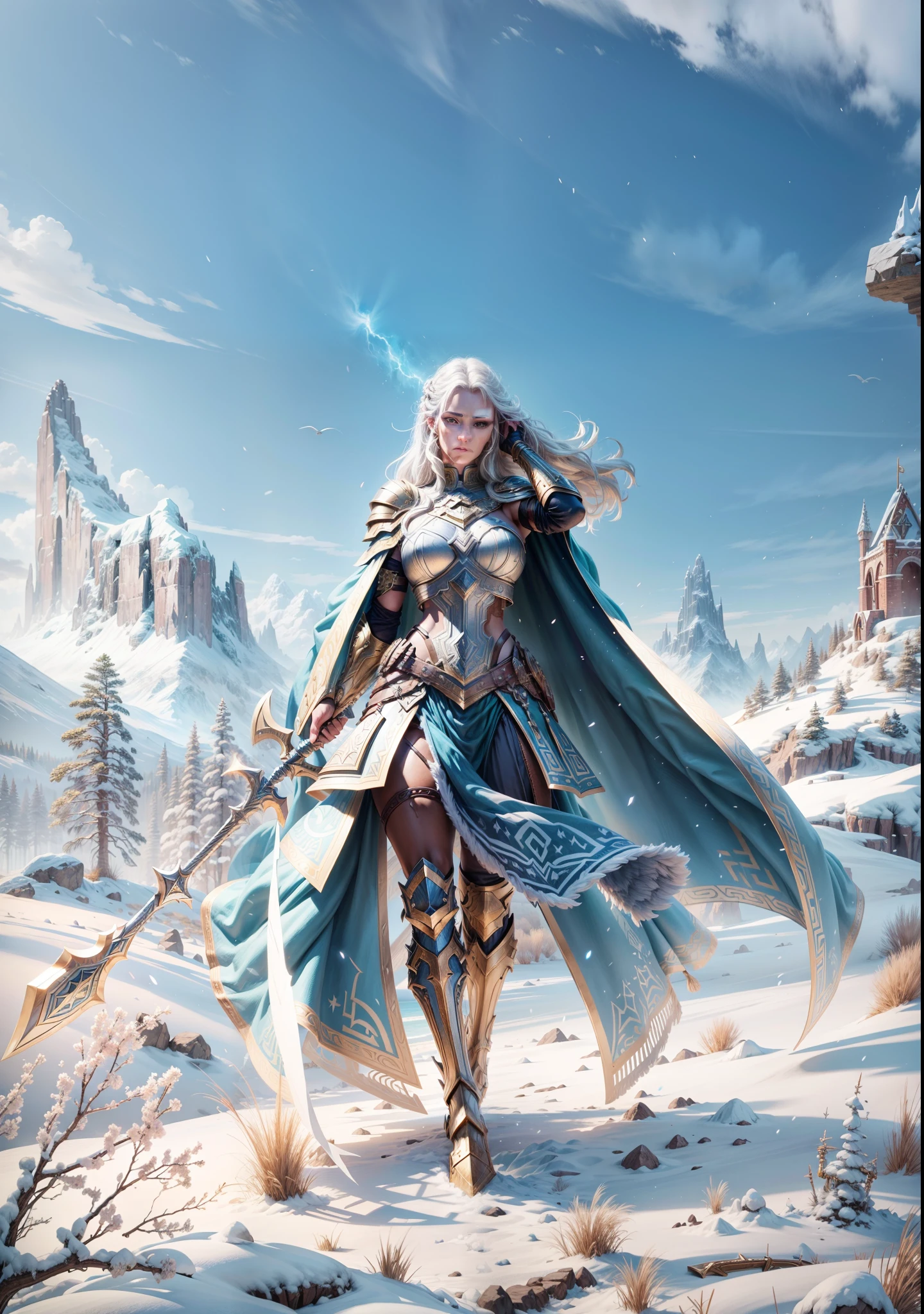 Asgard，valkyrie，Senhora Cavaleiro，Anatomia correta，epic fantasy digital art，tmasterpiece，8k，high-definition resolution，desenho detalhado，Qulidade Superior，, Epic composition, músculous body