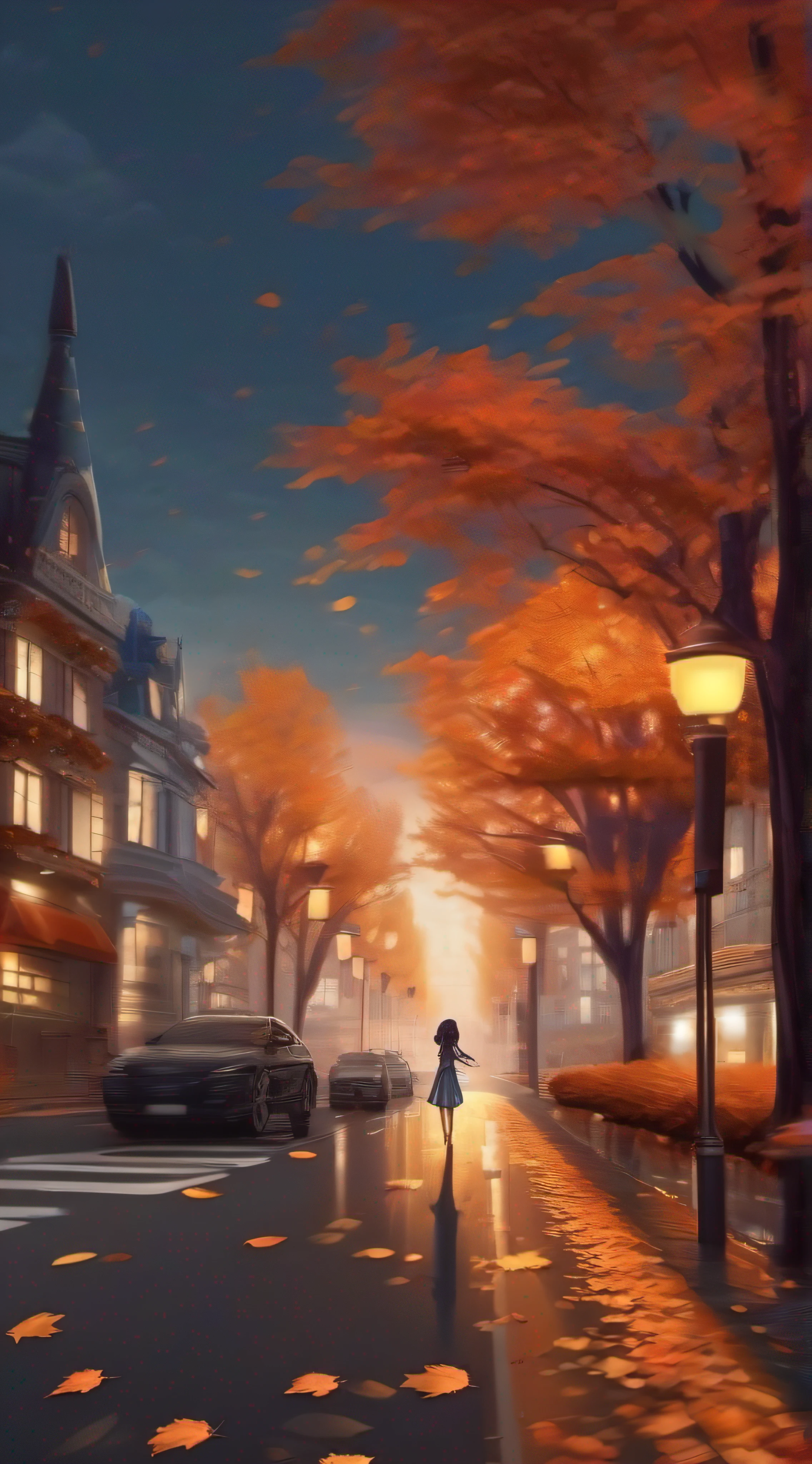 Best Picture Quality,8k,autumnal,eventide,the city street,Maple trees on both sides of the road,maple leaves,(A stylish girl,Stand in the middle of the road)