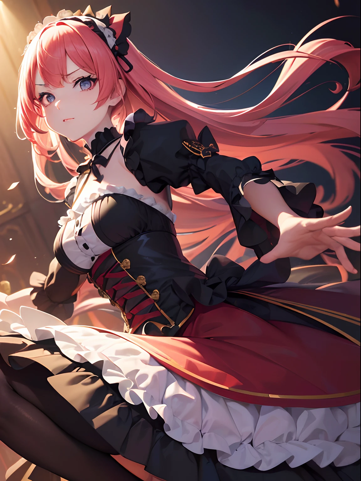 (masutepiece, Best Quality), (absurderes), (Illustration:1.2), (ultra-detailliert, 8K, 超A high resolution:1.2), 1girl in, 年轻, Cinematic, (Dynamic Pose:1.2), frilly dress, gothic room, light, Tearing portraits