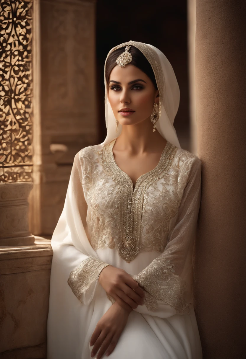 A woman with black brown and sharp hair, white-skinned, Wear Women's White Costume Islamic Kaftan ;hijab veiled,Fitness,Good dresses.,A beautiful , Amazigh jewellery in Andalusia's palaces looks forward,medium:oil painting,detailed clothes,Detailed structure,Detailed patterns on clothes,Flowing sheer dress,Best Quality,Hi-Res,ultra-detailed image,soft lighting,tranquil atmosphere,Beautiful colors.