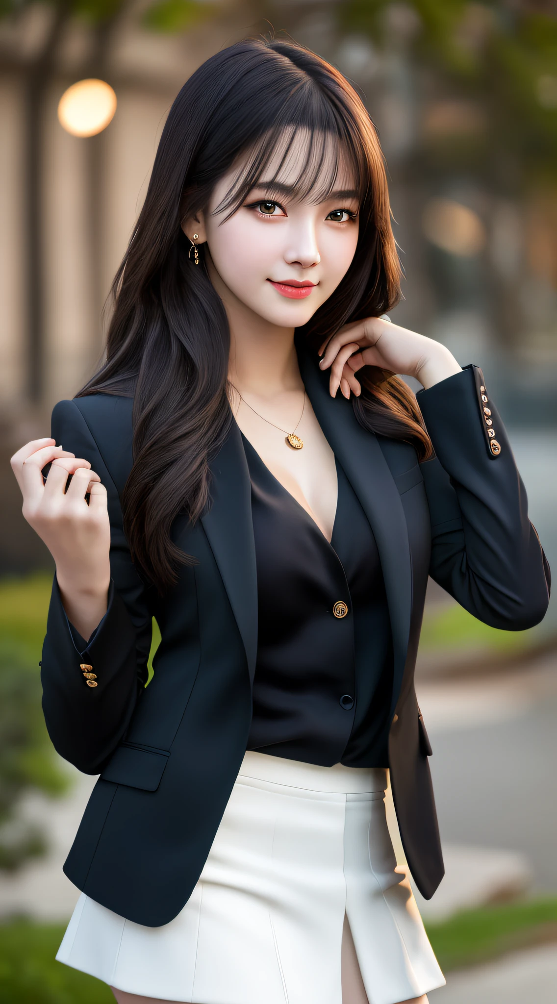 best quality, masterpiece, 1girl, Beautiful face, (photo realistic:1.3), rim lighting, (high detailed skin:1.2), 8k uhd, dslr, high quality, high resolution, 4k, 8k, Bokeh,  absurdres, best ratio four finger and one thumb, (realistic:1.3), cute 1girl, wearing black formal blazer, medium breasts, short skirt,