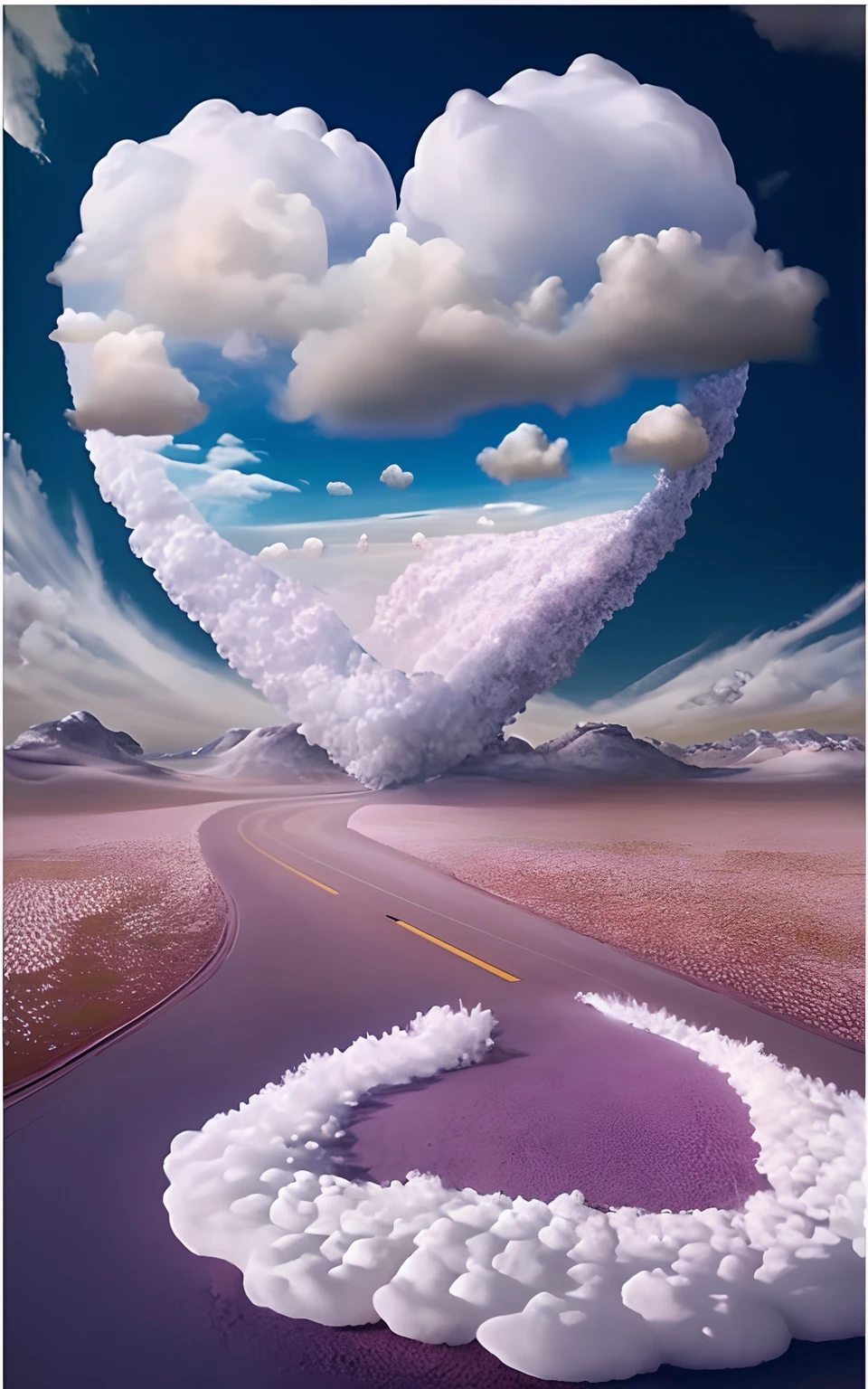 Arad heart-shaped cloud-shaped heart-shaped on the middle desert road, Surreal art, ultrarealistic digital art, surrealistic digital artwork, surreal scene, surreal frozen landscape, a surreal dream landscape, in a surreal dream landscape, surreal dreamscape, mind-bending digital art, surreal dream landscape, Very Beautiful Digital Art, beautiful digital art, illusion surreal art