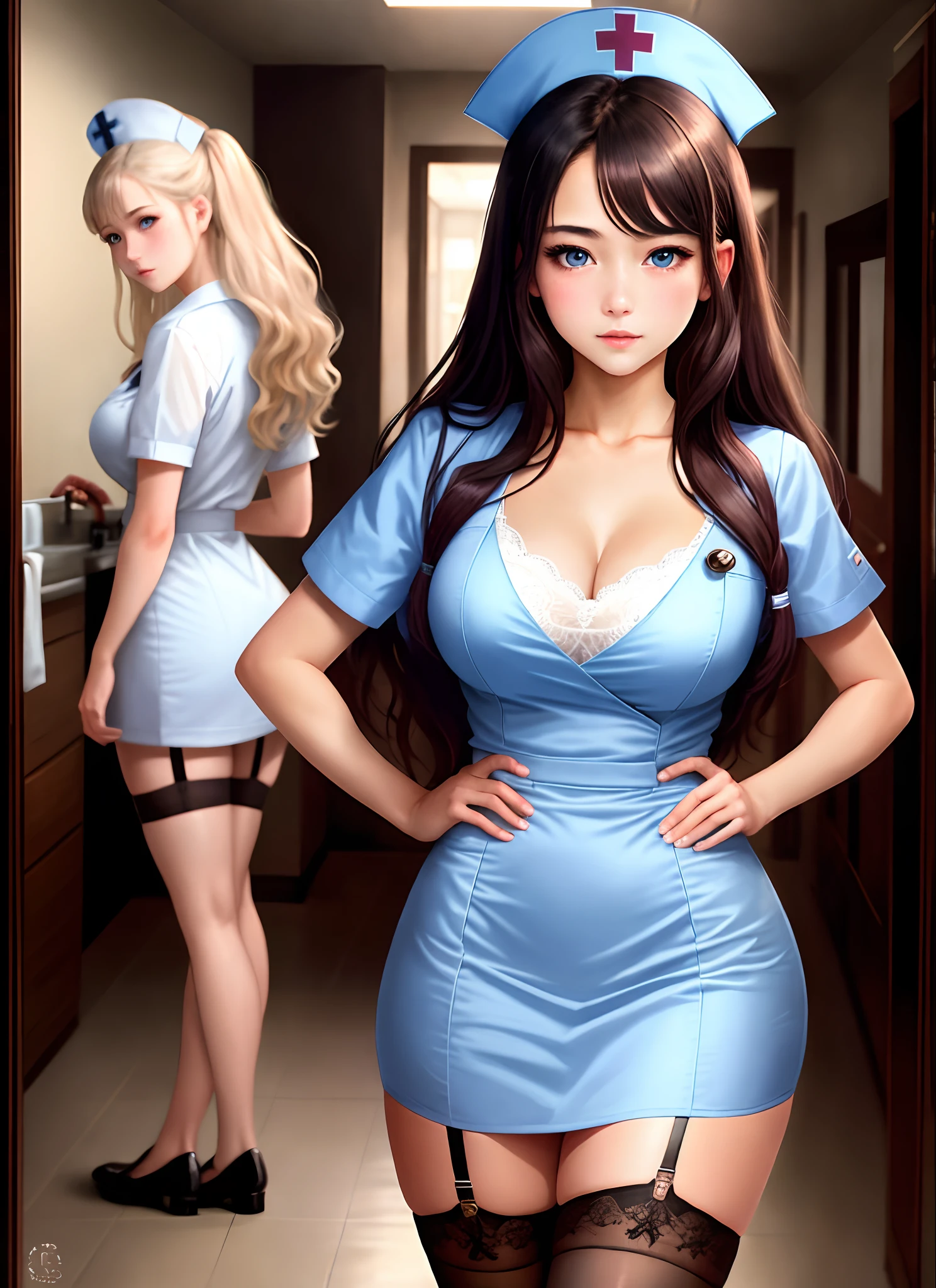 masterpiece, best quality, day, artbook, girl, 2girls, long hair, light blush, cute face, blue eyes, medium breasts, breasts, cleavage dress, garter straps, nurse cap, hands_on_hips, no bra, no_panties,