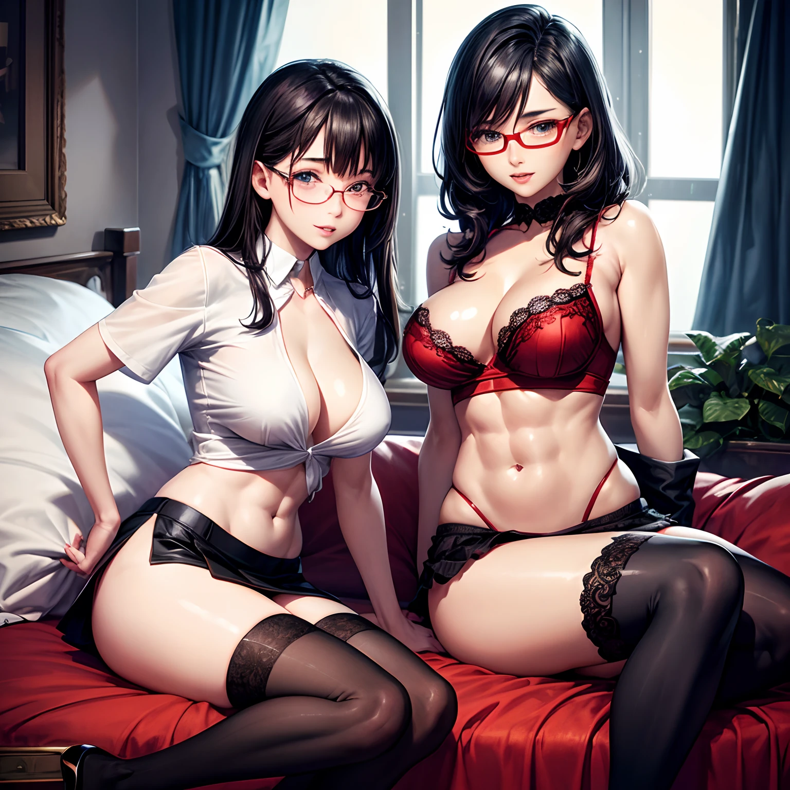 finest image, portrait, intelligent beauty, laugh like a prankster, happy, shy, sexy, beautiful, cute, amorous expression, lewd expression, ecstasy, orgasm, white glossy messy wavy short hair, half-up knitting hair style, blue sparkling big eyes, red alluring moist lips, unbuttoned white shirt, black tight miniskirt, black knee high socks, thighs, red lace lingerie, black glasses, flat chest, abs, slender, background, room, professional lighting