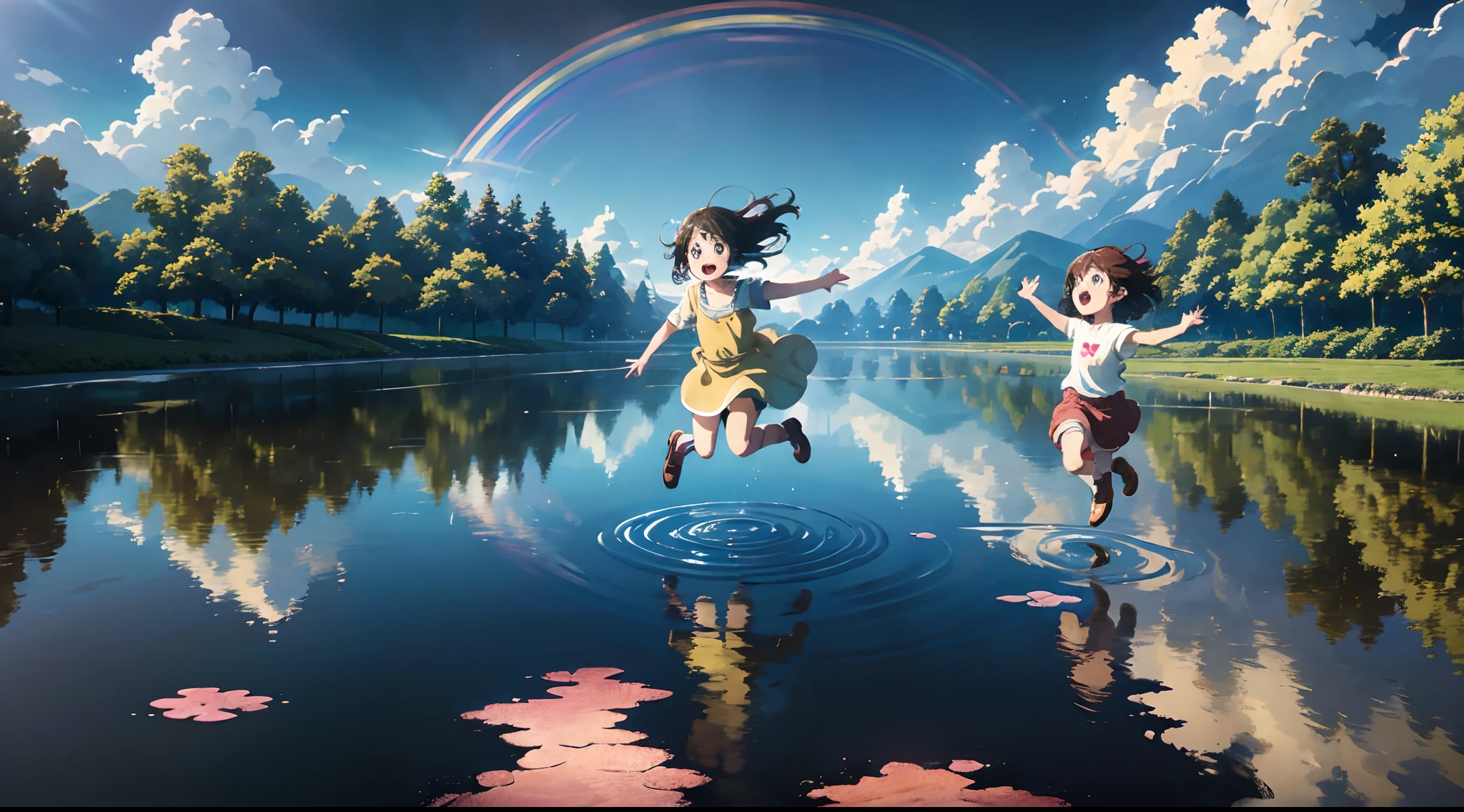 Produce an exciting anime masterpiece featuring the innocent joy of children as they splash around in a puddle. Emphasize the dynamic fun of the scene with the best possible HDR and UHD quality. Ensure the rainbow is a dazzling and prominent element, adding a touch of magic to the composition. Artists: Studio Ghibli (as studio reference), Akihiko Yoshida