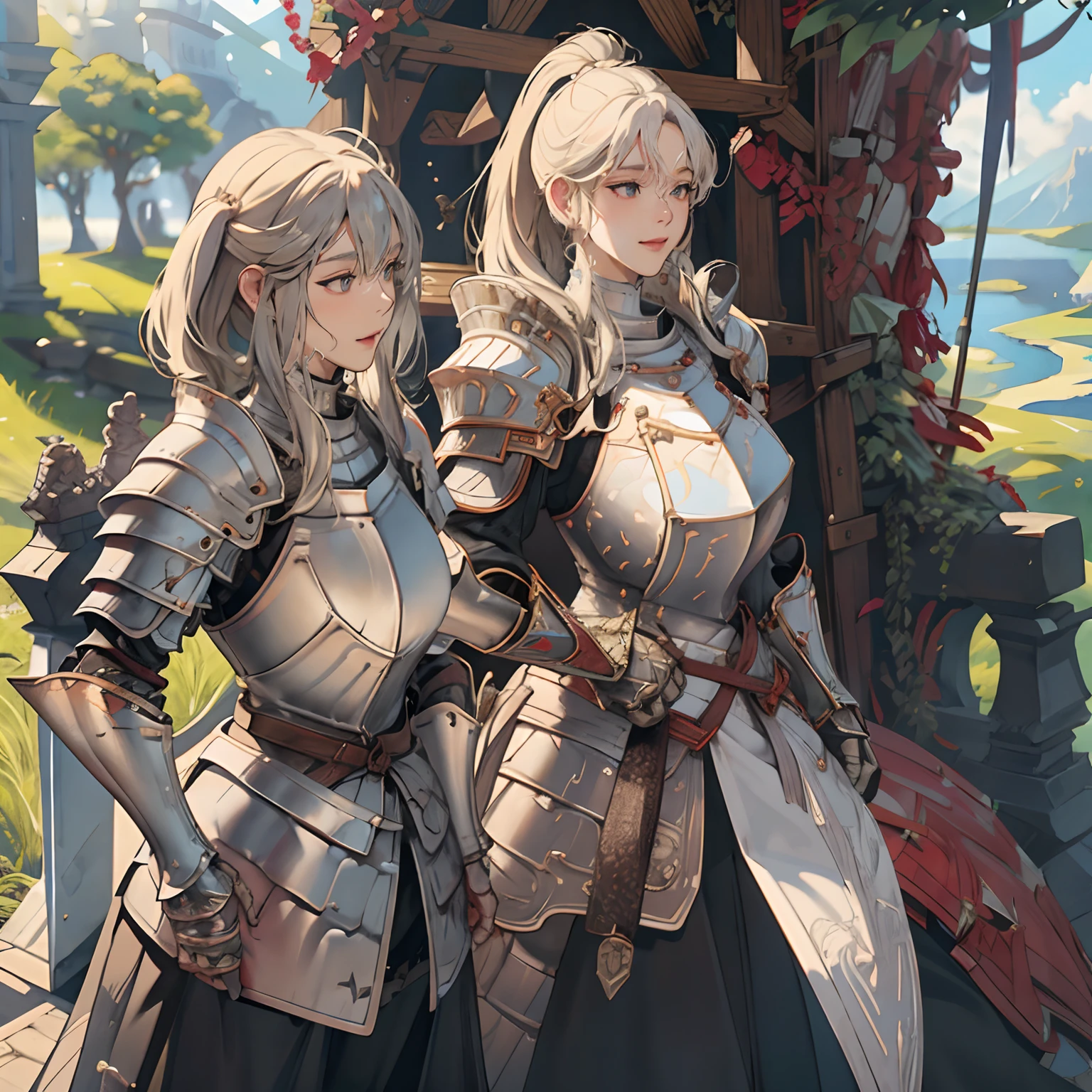 Women in Their 20s、2 females、with round face、Round jaws、a close up of a woman in armor holding a sword, armor girl, Female knight, very large breast、plump figure、full armor, full armor, Gorgeous Female Paladin, Female knight, of a beautiful female knight, Beautiful armor, Plump、thick waist、Wide waist、full armor, s Armor、Gorgeous full-body armor, stunning armor, beautiful female knight、holding a greatsword、Great Sword of Steel、delighted expression、Looking here、Staring at me、by lake、White battle flags are lined up、A large army in the distance behind、Forest and mountains in the background