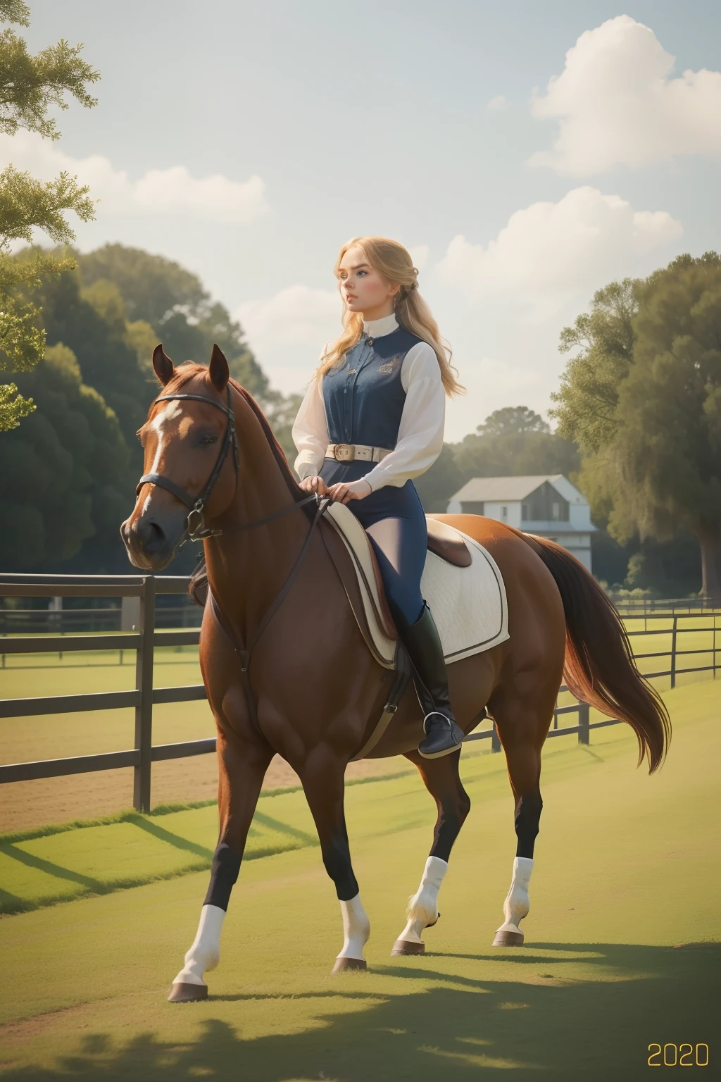 Year: 2023. Location: Aiken, South Carolina. pre-raphaelite blonde woman strolling with her boyfriend in an equestrian center, horses in the background, ((2020s casual clothes)) ((2020s hairstyle)) ((in the style of "OMITB")) ((cinematic style))