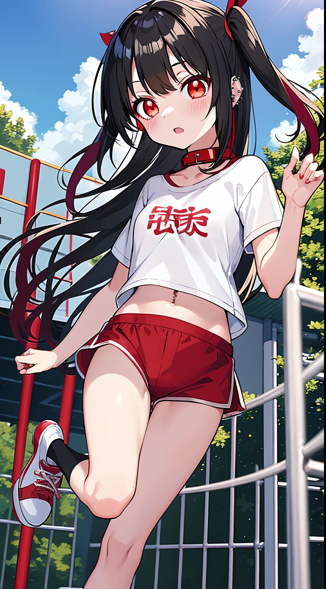 Anime style girl, 1 girl, Black-haired solo, Red-eyed twin-tailed,Red Hair Ribbon, Ear-piercing, white t-shirts,Red collar,Red shorts,gymnastic suit、espadrilles,playground,Running