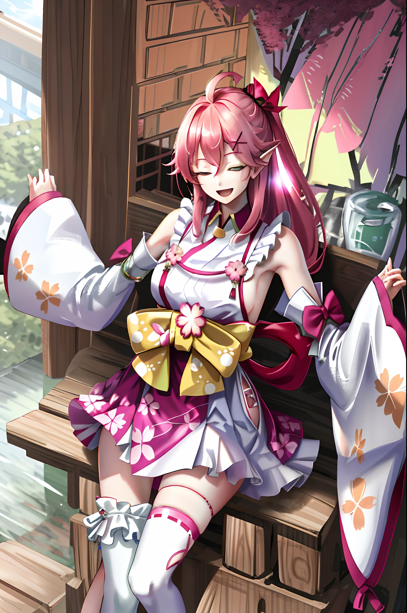 masterpiece, best quality, highres, miko1, sakura_miko, 1girl, green eyes, solo, ahoge, x_hair_ornament, pink_hair, floral print, hairclip,side_less_clothes, (sideboobs:1.4), hair_bell, floral print, long_hair, hair between eyes, one side up, white thighhighs, asymmetrical legwear, wide sleeves, open_mouth,happy,close_eyes, smile,dynamic_posing,rising_leg,plump,apart_legs,(overly_long_sleeves:1.1),(beautiful_fingers),sleeves_past_wrists,hands_hidden_sleeves