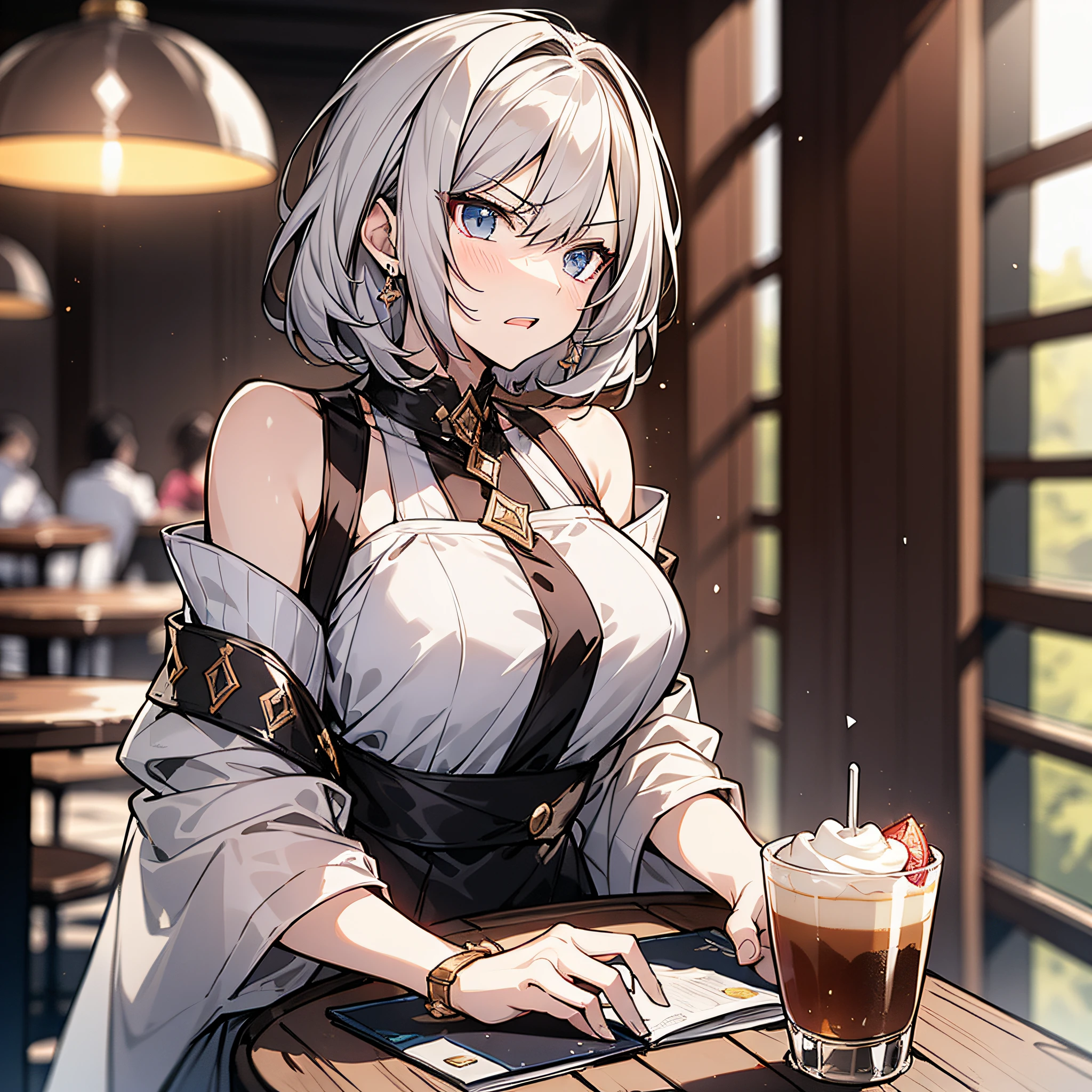 A beauty with short white hair，Wearing a white dress，Sitting at a table in an upscale café with an angry expression（Rage 1.5）（Open mouth 1.5）（The background is in an upscale café：1.5），Anime style 4K，Anime rendering，style of anime，8K fineness，（Upper body display：1.5）（Cinematic lighting：1.5）Middle-aged woman 1.5