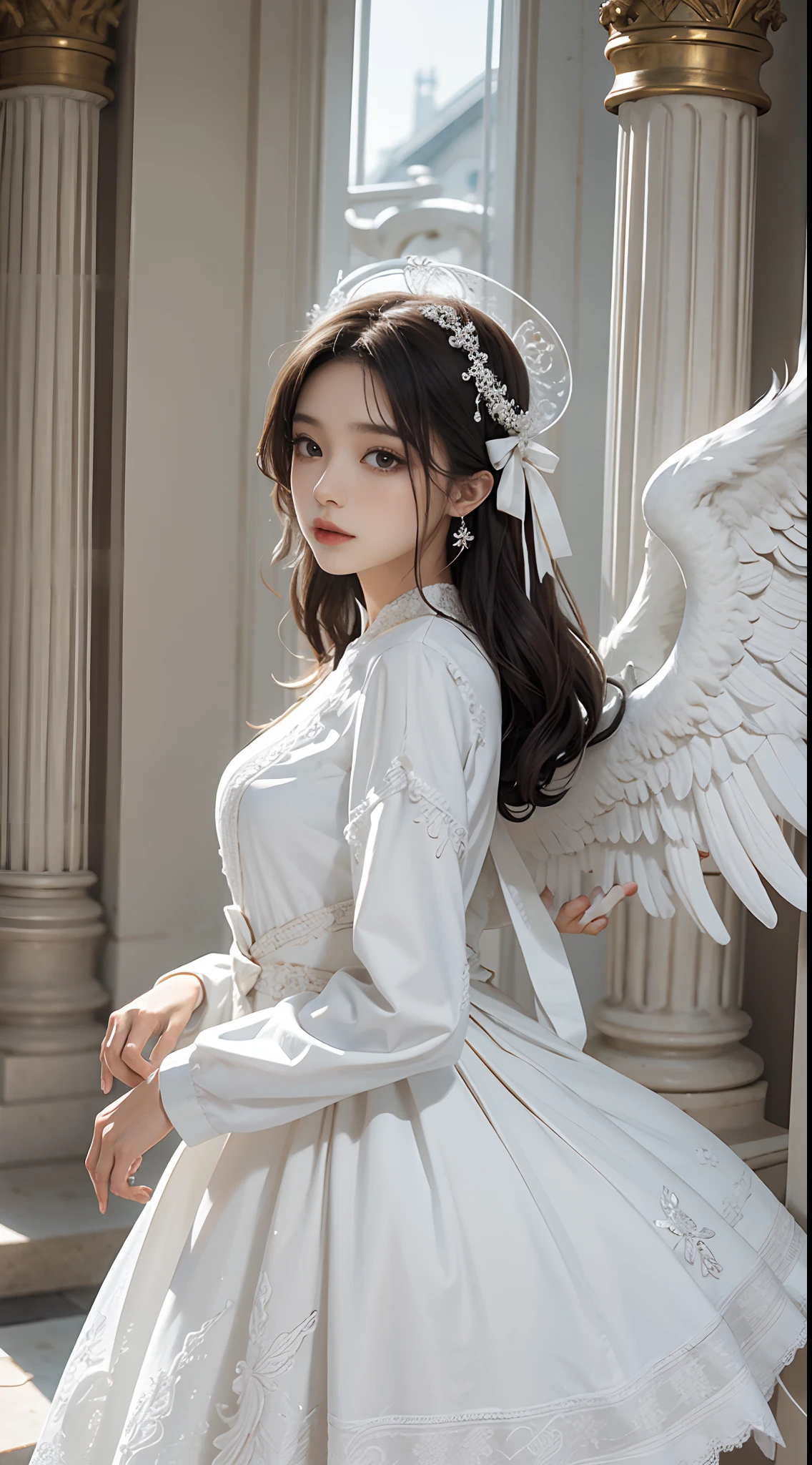 Beautiful angel in white dress, Art stands tall, Halo, White feathers