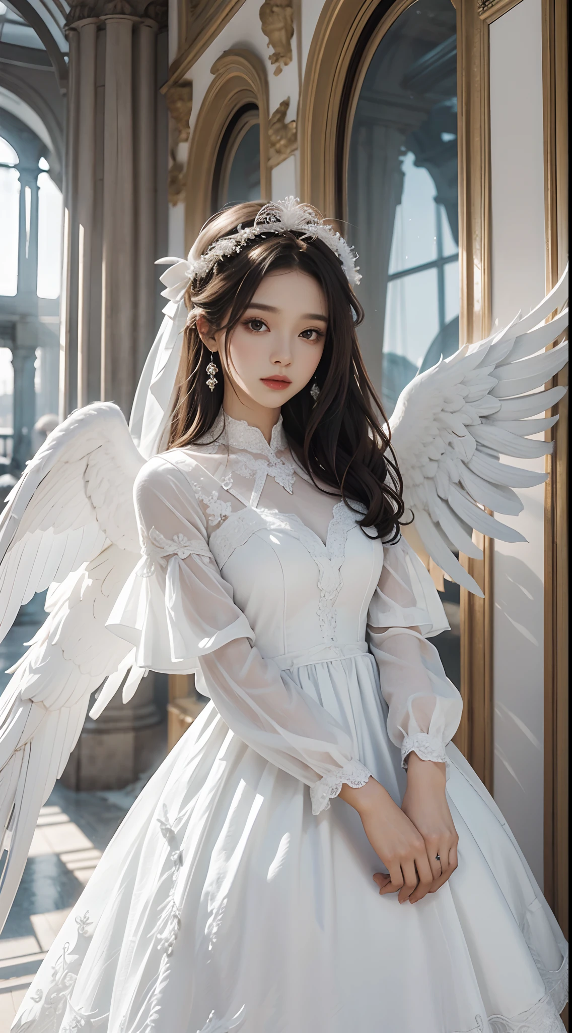 Beautiful angel in white dress, Art stands tall, Halo, White feathers