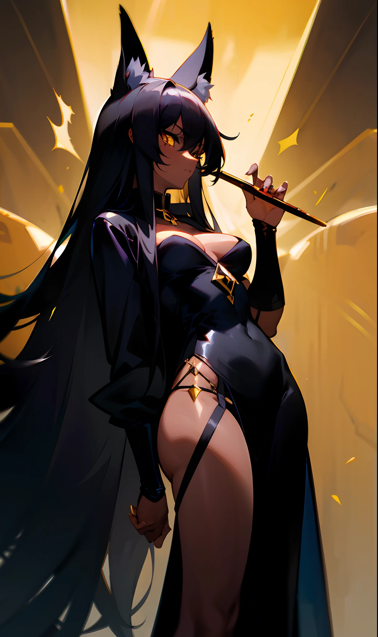 Anime Anubis, dark-skinned woman with medium breasts and long black hair with golden cat ears, wearing a long black dress down to her legs and a blue overcoat on her back;