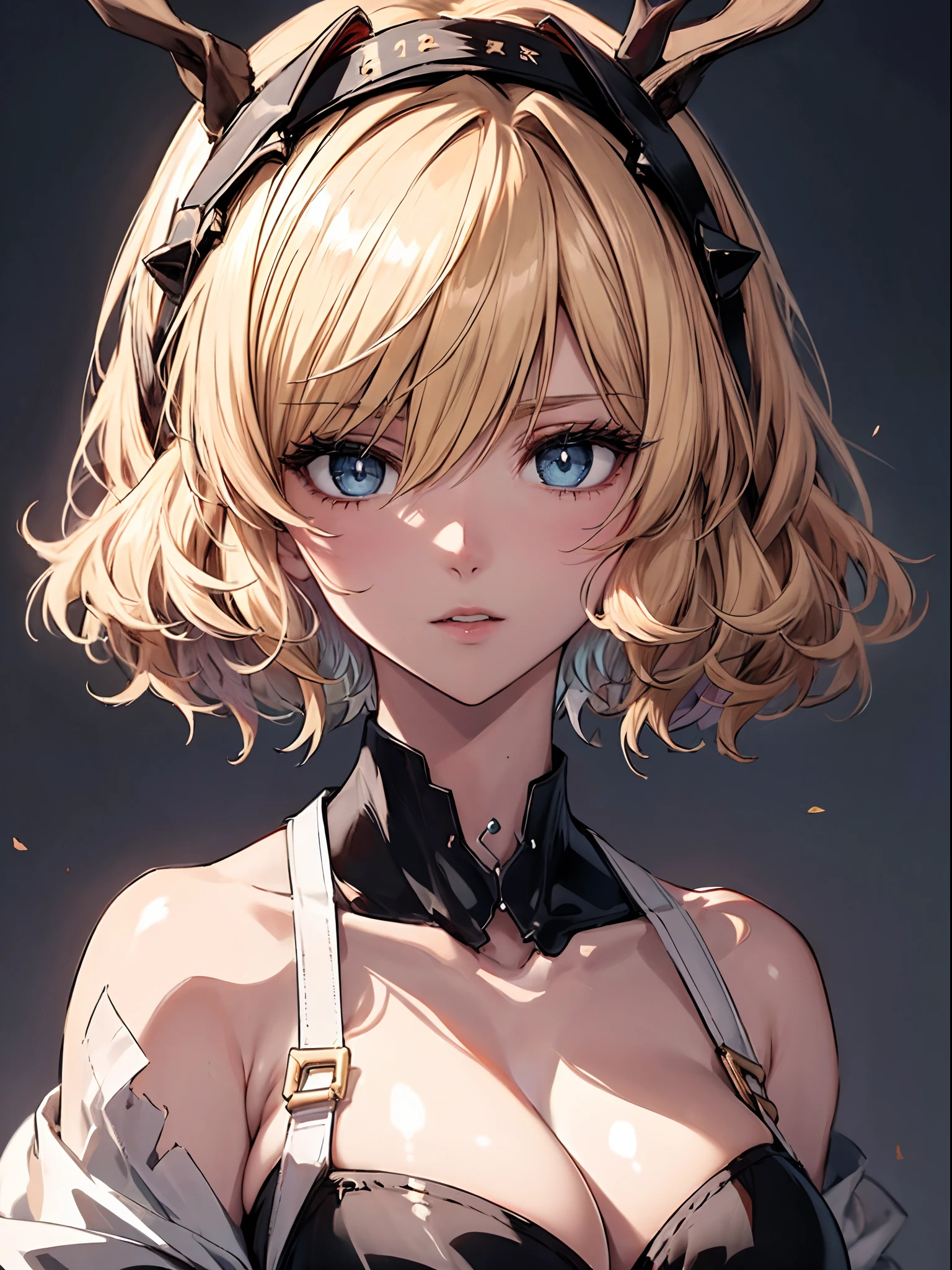 highest  quality，paleskin，（Face and eye details：1.2），1个Giant Breast Girl，Very delicate and beautiful girl，light gold，wavy short cut hair，eBlue eyes，Cold nose，（Slightly childish appearance），（（is very beautiful）），curlies，scientific fiction，agony，agony，be desperate，deathia，Aika。