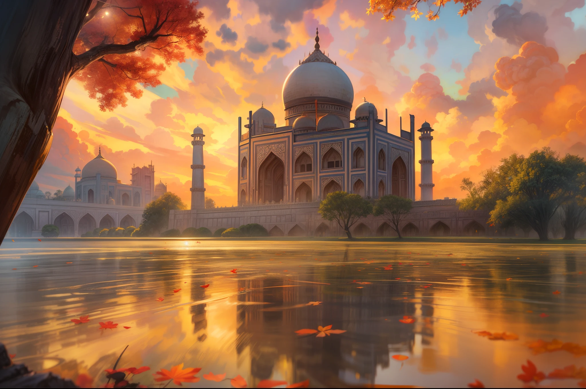 Cartoon watercolor & Oil painting illustration，Jintai Temple，The grandeur of the Taj Mahal is on display，The tree，Red maple leaf，Reflection on the surface of the water，Peaceful autumn sunset, In the style of Liam Wong, serenequietude, 2D game art, UHD image, vibrant paint palette, Pixelated landscape:: Cartoon watercolor & Oil painting by Joseph Christian Leandecker & Shepard Fairley & James Jean & Anders Zorn & Jeremy Mann & Alphonse Mucha, Taj mahal，thai temple，golden time，There are acacia trees, Motion graphics, flowerpunk, Afropunk, Intricate details, Dynamic, Dramatic lighting, The light from the back window is backlighted, raking light, vivd colour:: Erin Hansen & Donato Giancola's & Nicolas de Starr, Sunset, A magnificent Thai-style temple next to the Taj Mahal，Reflection on the surface of the water ，Large acacia tree, cumulus cloud, ultra - detailed, Cinematic lighting, Long shadows, Saturation contrast