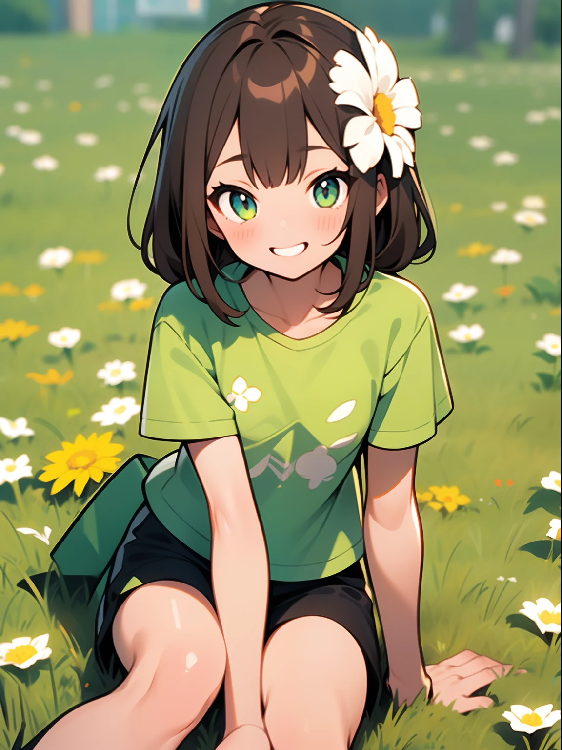 Girl, cinnamon eyes, brown hair, smiling, holding a flower, sitting on the grass, fair skin, green T-shirt, black shorts, , white rabbit ears, white rabbit tail,lies