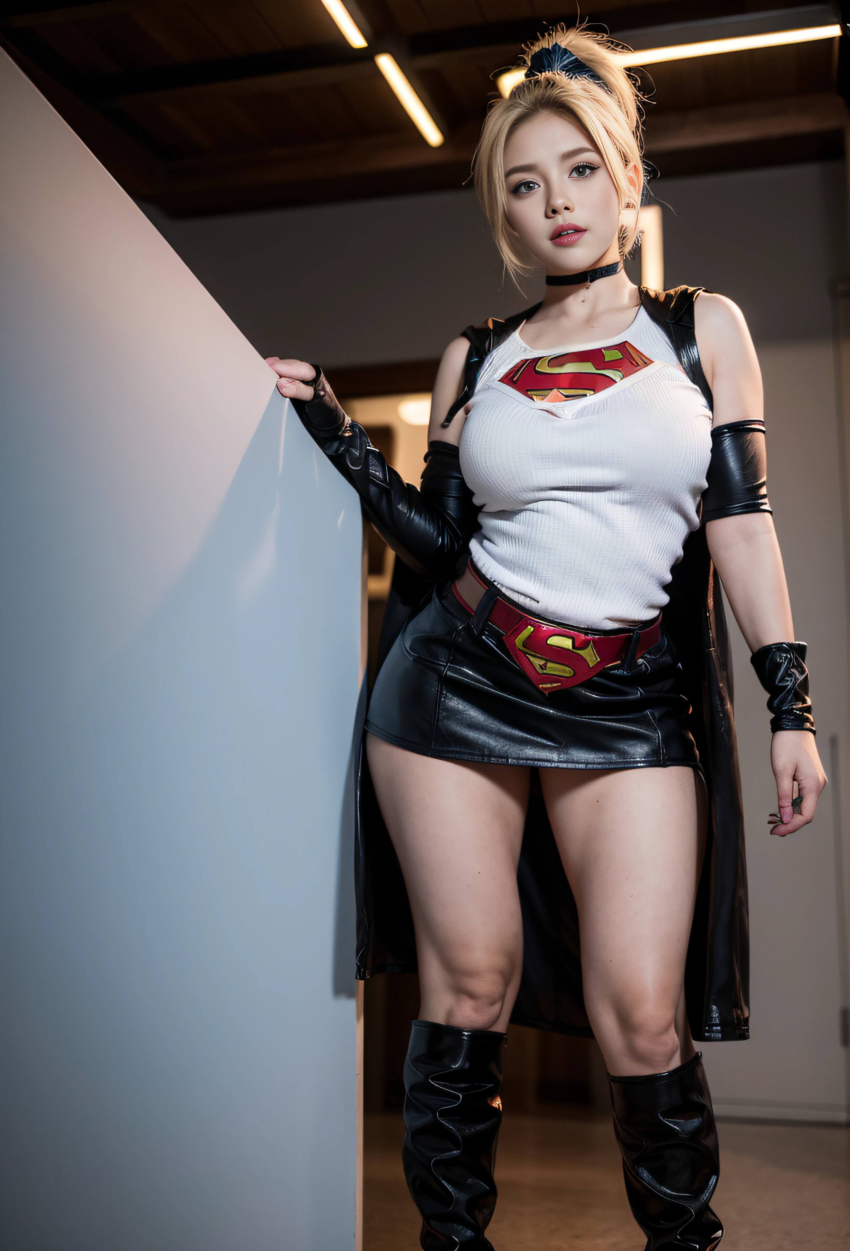4k, realistic, charismatic, very detailed, there is a girl in the sky, dressed in a super girl costume, she is a super girl, superhero theme, blonde short hair, ponytail, 20 years, full body, (detail in the eyes), (detail in the face), incredibly beautiful, blue eyes, blush, makeup, red lipstick, miniskirt, (wide hips),  (thick thighs), small breasts, dress,, seductive pose, (extreme hourglass figure), thin, svelte, white skirt, boots, tight t-shirt