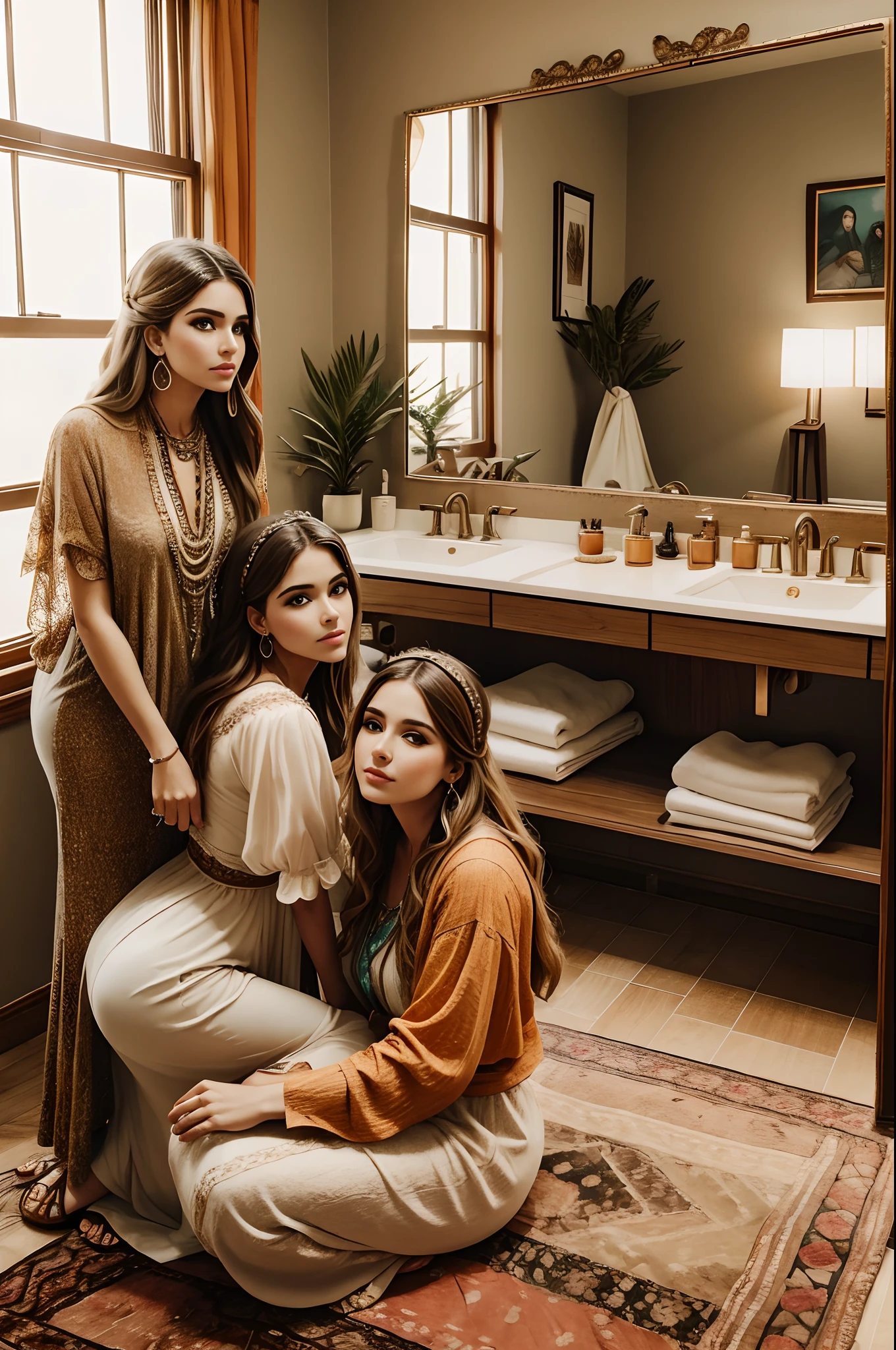 Estilo boho-chic. Una hermosa mujer ayuda a su hermosa hermana a maquillarse. They are in a room with a stunning vintage style vanity. Son mujeres que se visten de una manera moderna muy atractiva.. 2023.