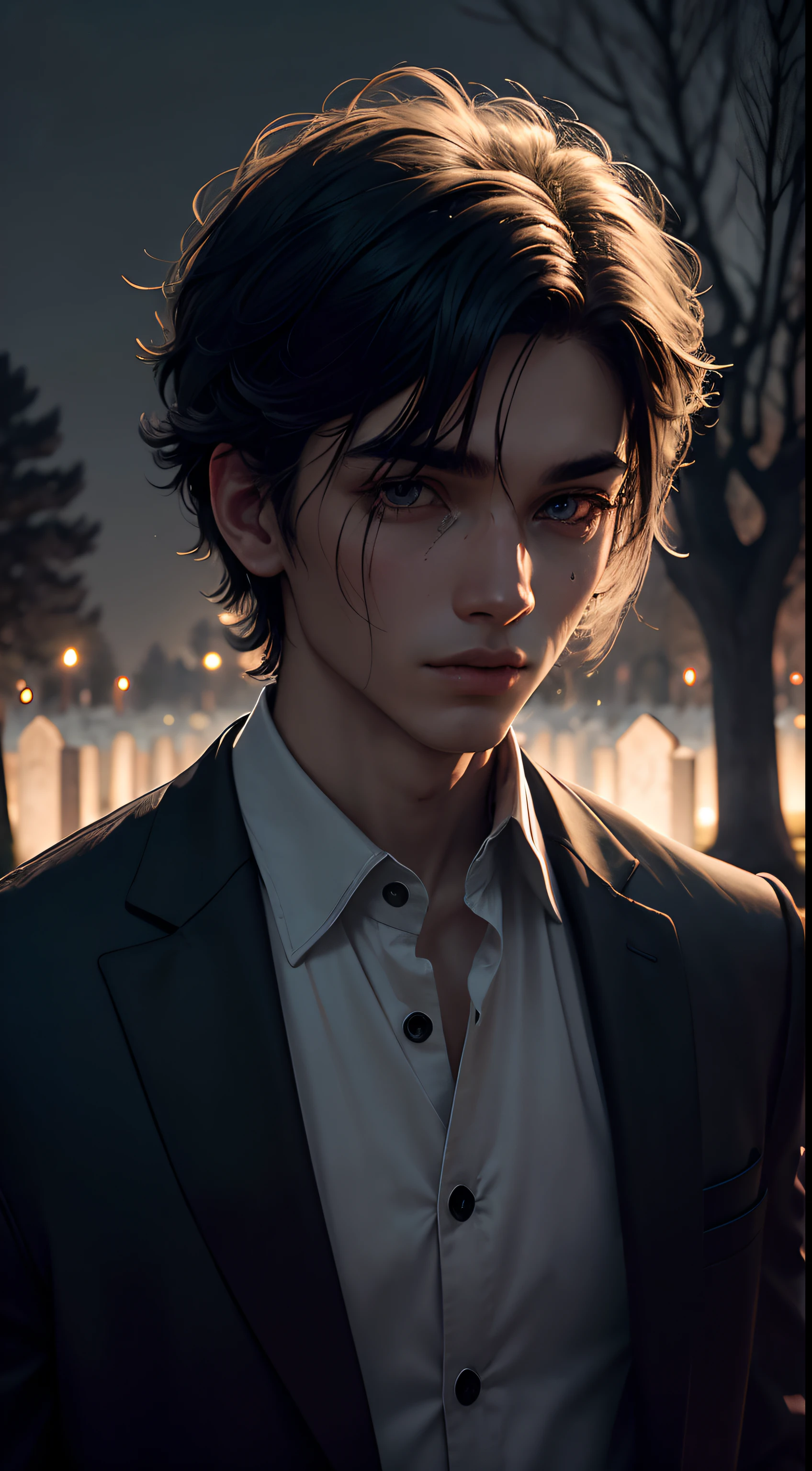A cemetery with a full moon as a backdrop, youngman,tearing eyes, close up to face, Dark but sparkling atmosphere, trees in the background.