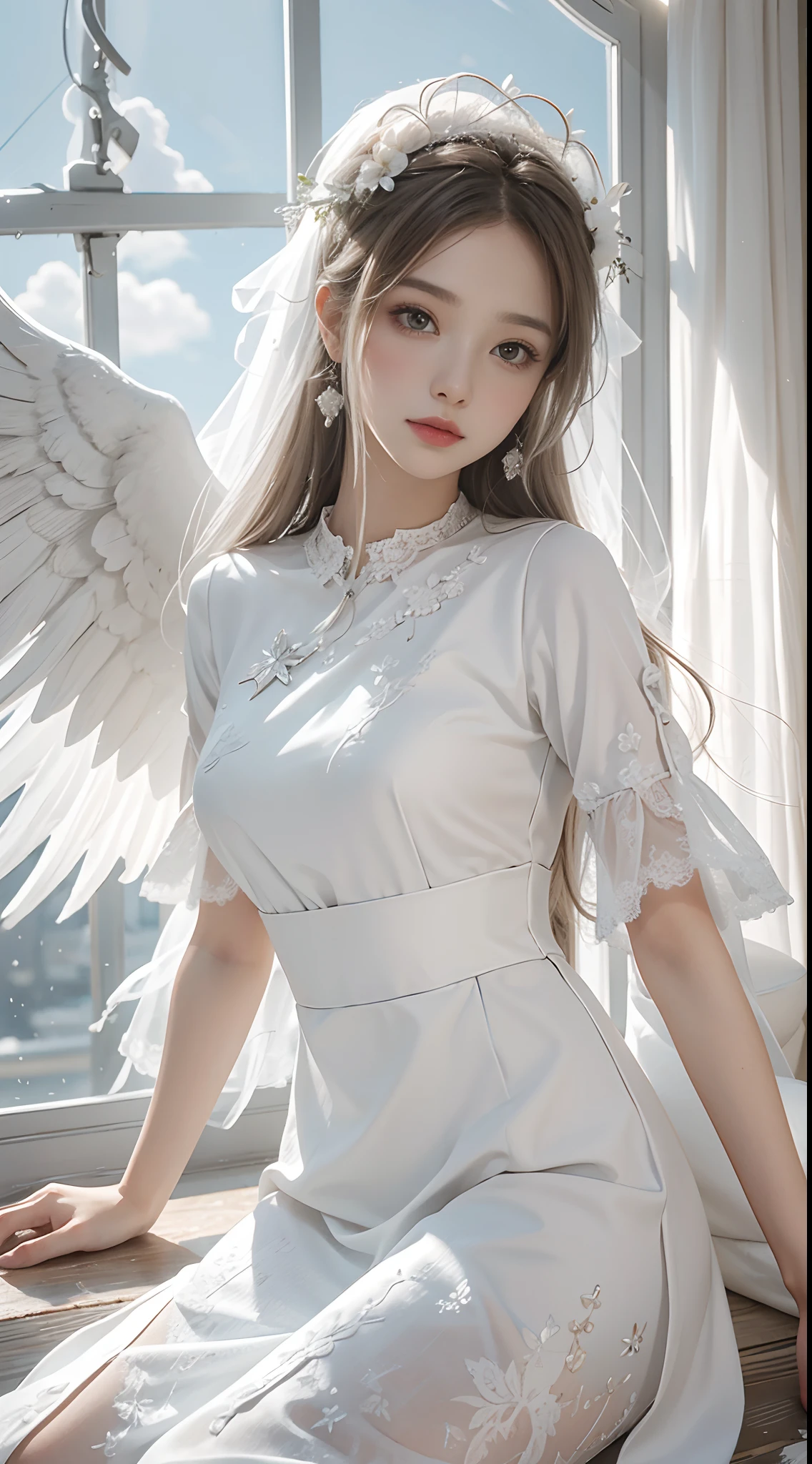 Beautiful angel in white dress, Art stands tall, Halo, White feathers