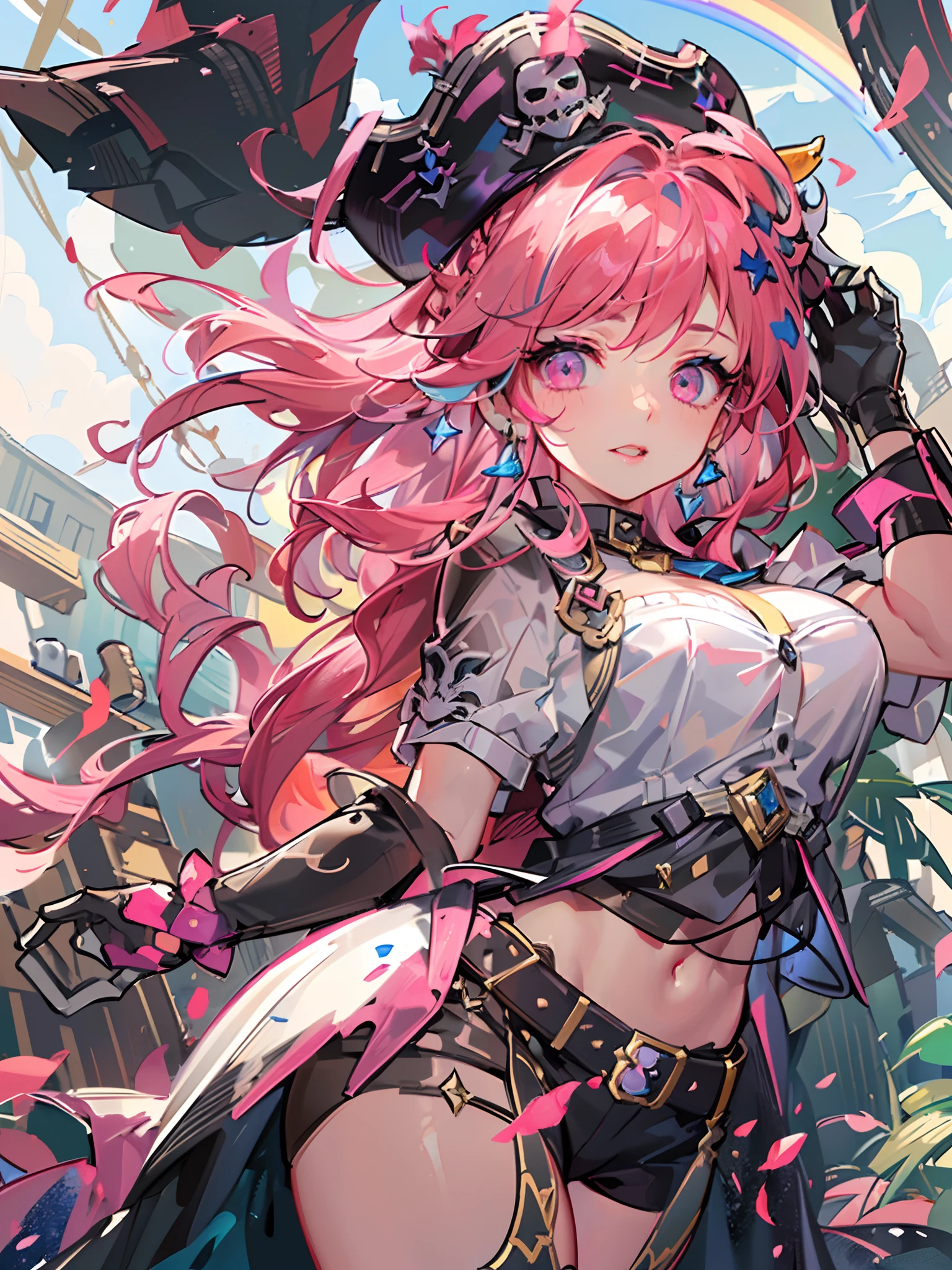 Original, very detailed wallpaper, very detailed illustrations, (1 Girl) , perfect female body, beautiful eyes, (delicate face) , (seductive expression) , eyes, impact,
pirate hat, pirate costume1.5, pirate, pirate ship, red lips, from below1.2, wide hips, lap1.3, black gloves,(rainbow color Hair, colorful hair, half blue and half pink hair:1.4)
(shiny skin) , (best lighting) , (super-complex detail) , 4K Unity, (super-detailed CG: 1.2) , (8K: 1.2), octane rendering
Dynamic, floating, luminous, League of Legends original painting, wide-angle viewing angle: 2,