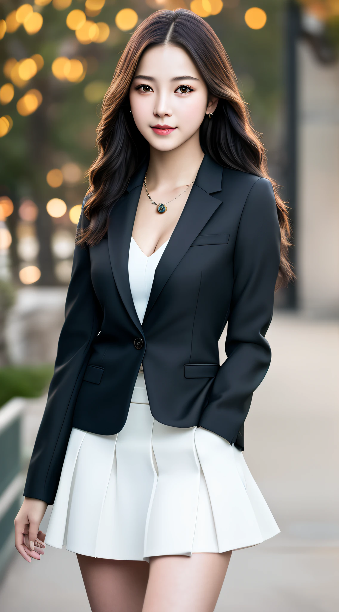 best quality, masterpiece, 1girl, Beautiful face, (photo realistic:1.3), rim lighting, (high detailed skin:1.2), 8k uhd, dslr, high quality, high resolution, 4k, 8k, Bokeh, absurdres, best ratio four finger and one thumb, (realistic:1.3), cute 1girl, wearing black formal blazer, medium breasts, short skirt,