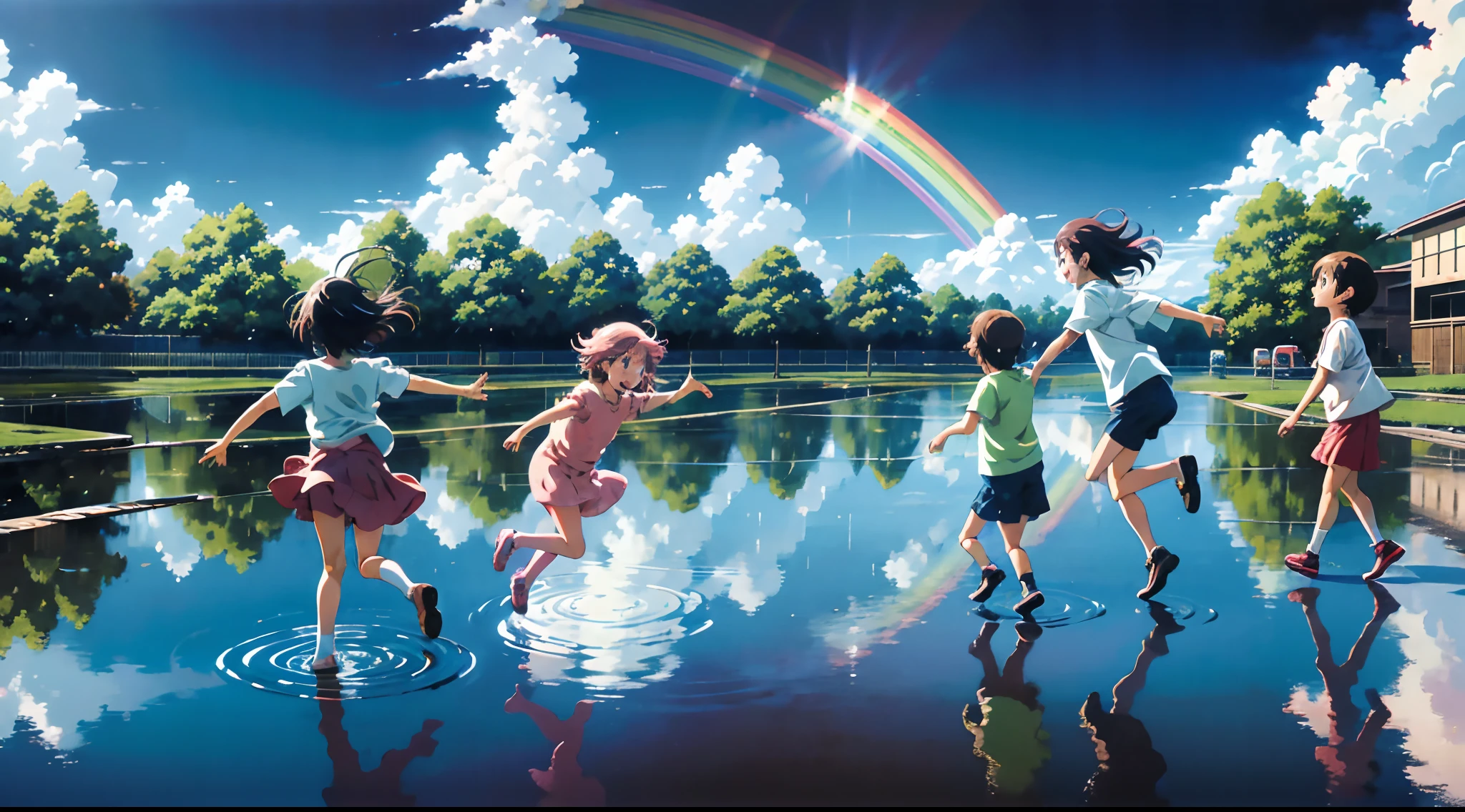 An Anime-style illustration capturing the pure excitement of children playing in a puddle. Pay special attention to children's expressions and movements. Make the rainbow in the background vibrant and mesmerizing with soft, pastel colors. Artists: Satoshi Kon, Mamoru Hosoda