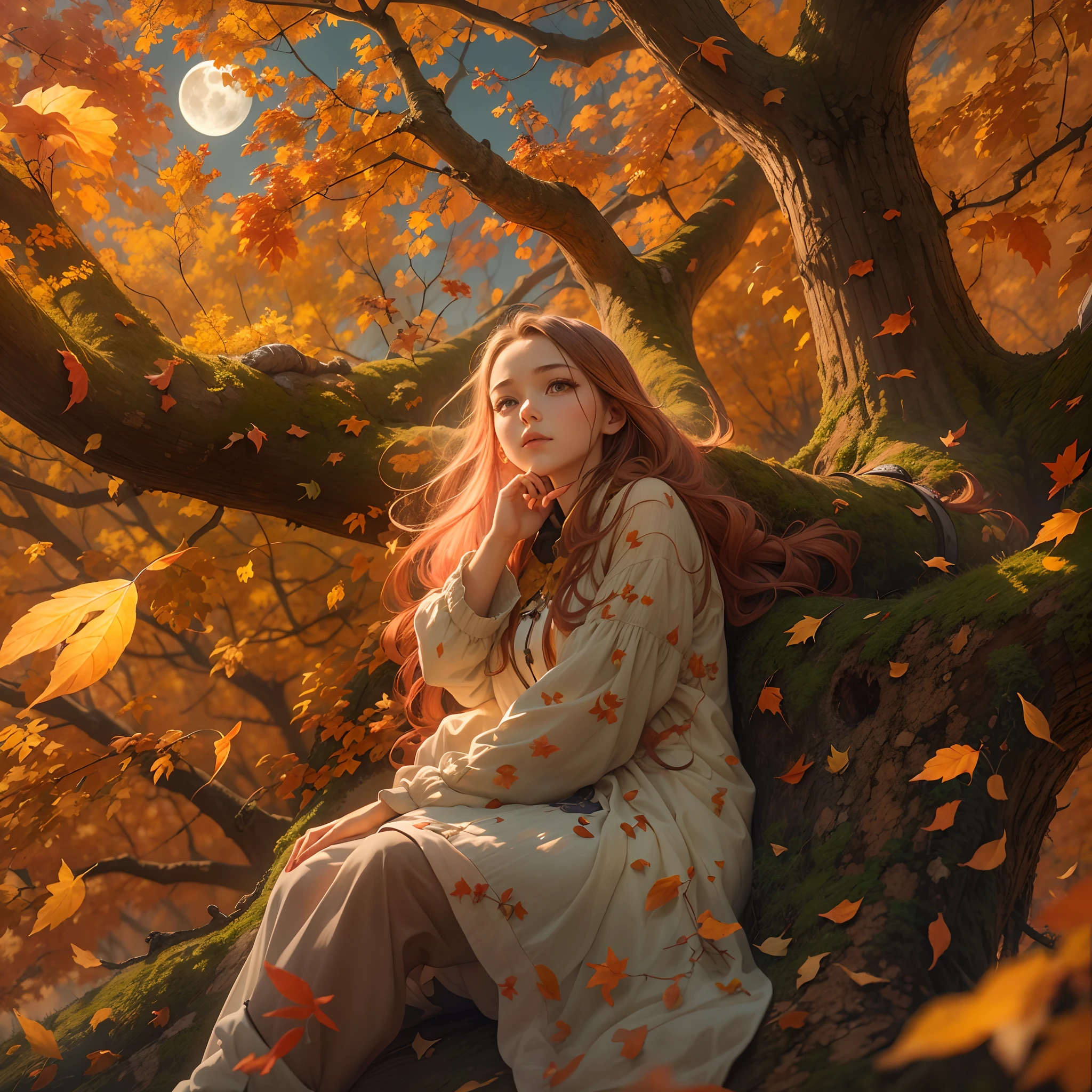 A girl sitting on a tree, golden autumn leaves falling, with a wide-angle lens capturing the scene. The world tree stands tall, its branches spreading wide, painted in a glowing oil painting style. The moon hangs in the sky, casting a soft light on the surroundings. The wind blows gently, rustling the leaves and creating a sense of tranquility. The girl is dressed in vibrant colors, her eyes shining with curiosity and wonder. The curved moon adds a touch of magic to the scene, creating a dreamlike atmosphere. The overall image is of high quality, with ultra-detailed features and a realistic, photorealistic rendering. The colors are vivid and the lighting captures the essence of the golden autumn.