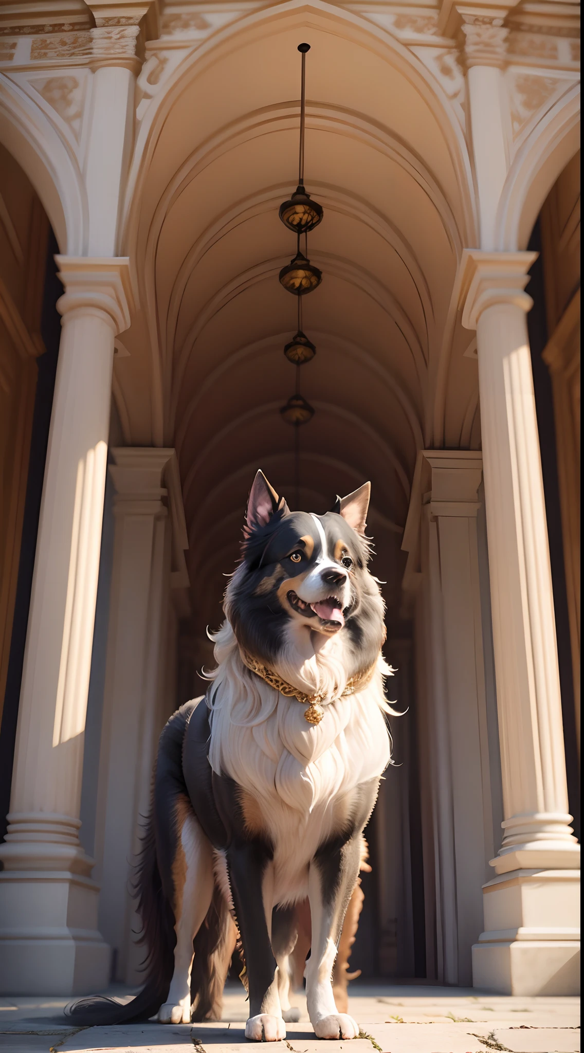 Dog standing in baroque palace yard Half dog, aussie, a Dog, Nag, extremely handsome, regal pose, Adult dogs, long wavy fur, 2 years old, Portrait image, Border collie, fluffy ears and a long, mid shot portrait, large portrait, happy dog, Medium Breed, A hyper-realistic, high details, High Definition