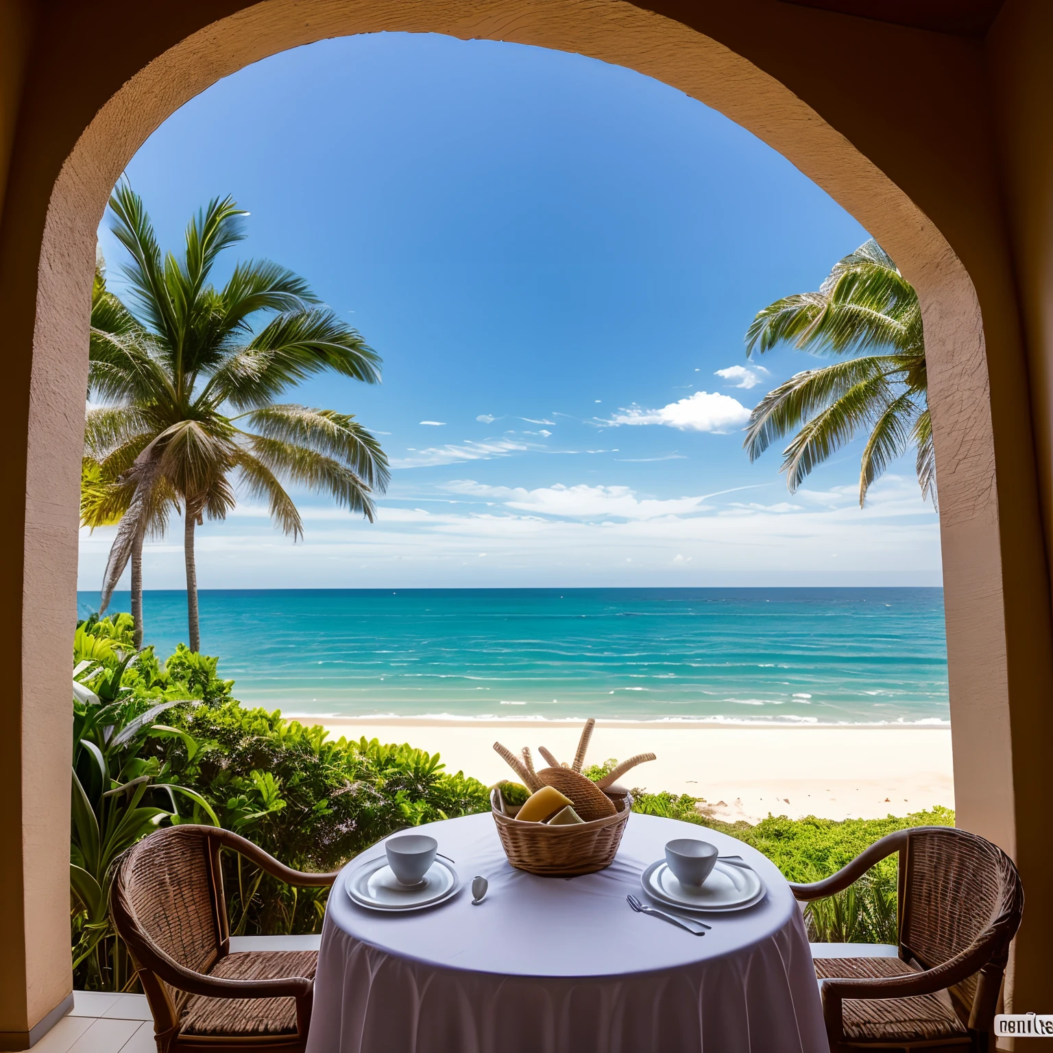 Fotografia realistica, alta nitidez, There is a basket of food and drinks on a table, Alimentos comerciais 4K, morning coffee, Buffet, Bom dia, grande obra-prima, vista de praia ao  fundo, Detalhe excepcional, morning coffee, beach setting, television show, cena vibrante, paradise in the background, lindo dia ensolarado, Tarde, mediterranean, surrado, imagem de alta qualidade, in a beachfront environment, cinematic still