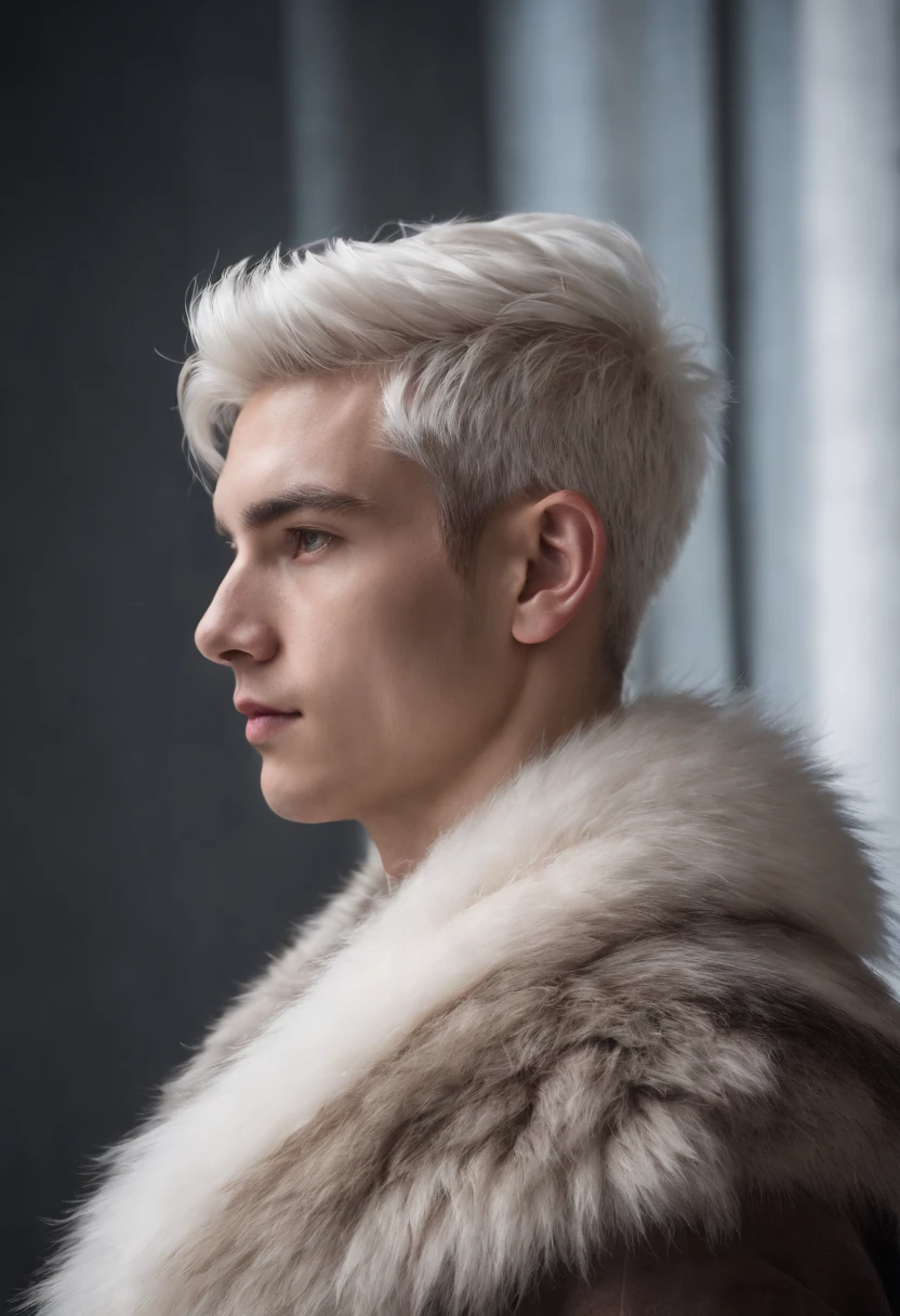 portrait photo of young man, 20 years old, white hair, crowned head, wearing fur, studio lighting , Canon 18 lens,super detail , reality photo, reality skin, detailed skin