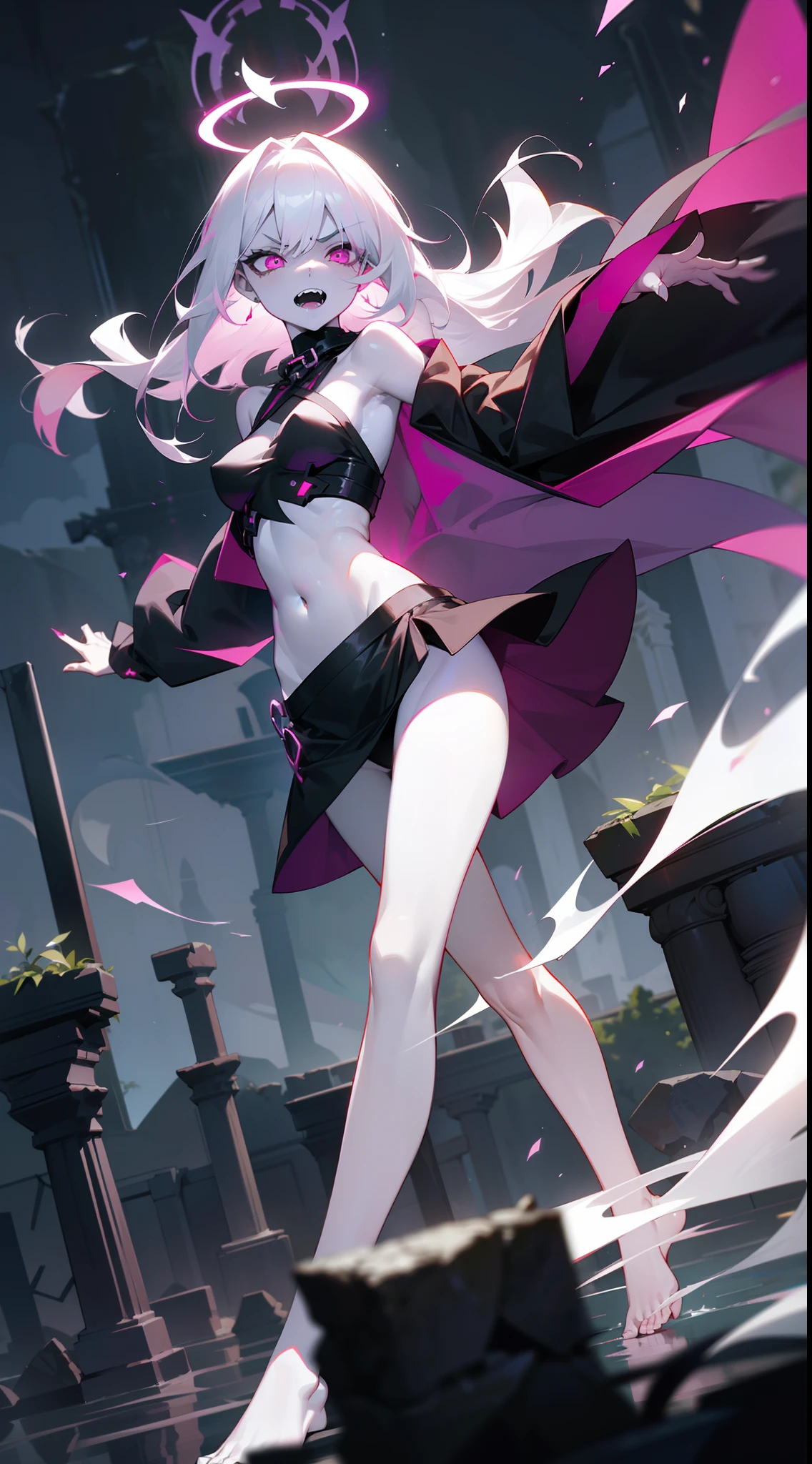 ,1girl,solo,cowboy shot, (navel), ((black cloth covering the breasts)),glowing magenta eyes,white hair, long hair,(((pale skin,extremy white skin,hair over one eye,halo pink))), sharp teeth, open mouth,(medium breasts),(hidden arms,white skirt,bare feet,villain,psycho,villain smile, psychopath,angry),((floating in front a stones ruins in night))