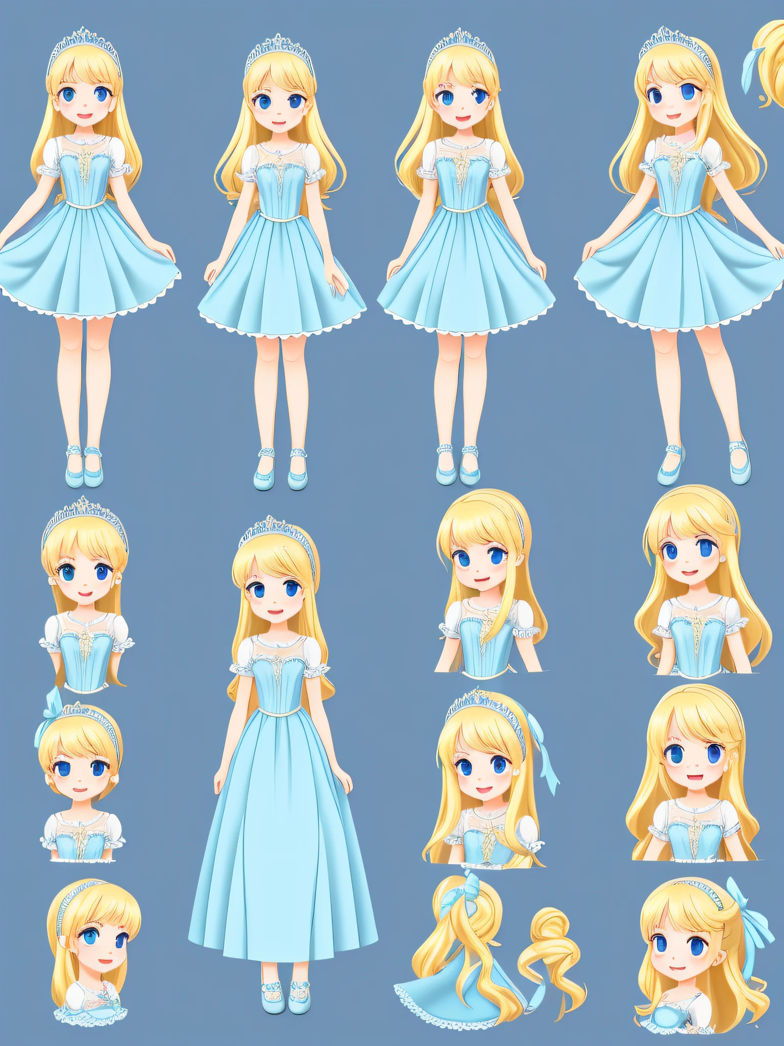 A Princess Light blue dress Golden hair full body Esbian posterior view character sheets appearance々Facial expressions Smiling face Scared face Happy face Consistent character without background picture book-style