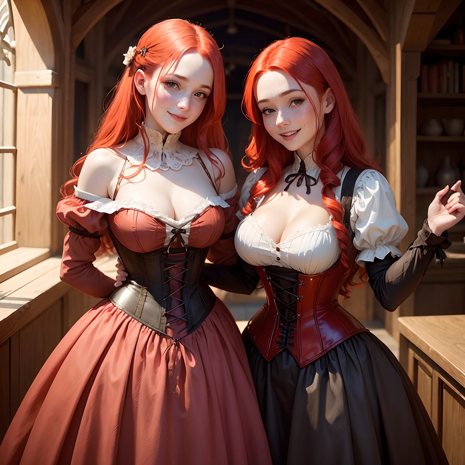 Beautiful wench in corset dress with red hair, medieval, cleavge, medium boobs, freckles, smiling, happy, laughing