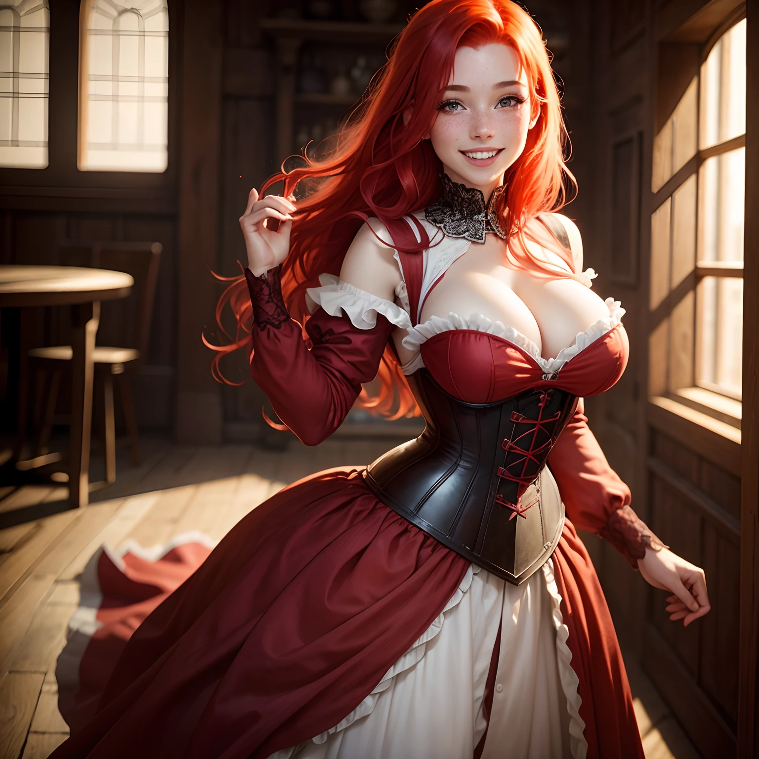 Beautiful wench in corset dress with red hair, medieval, cleavge, medium boobs, freckles, smiling, happy, laughing