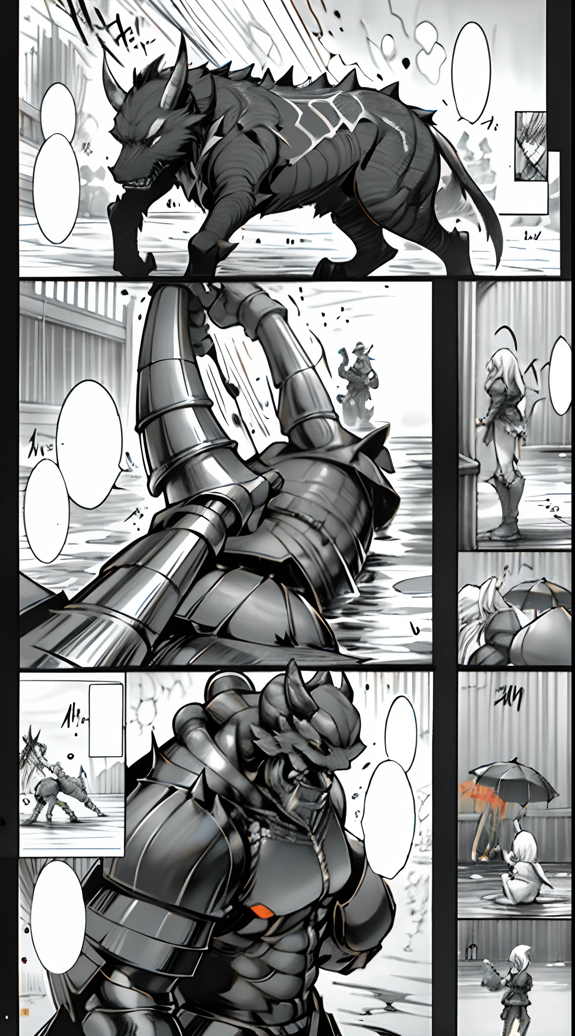 comic strip,Cartoon Split,Storyboard,Demons and angels fight,raining day,water bloom,standing water