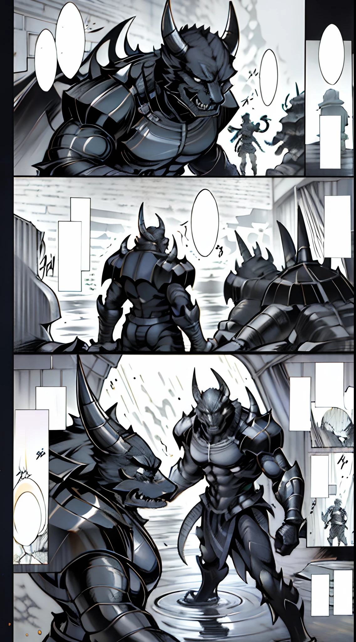 comic strip,Cartoon Split,Storyboard,Demons and angels fight,raining day,water bloom,standing water