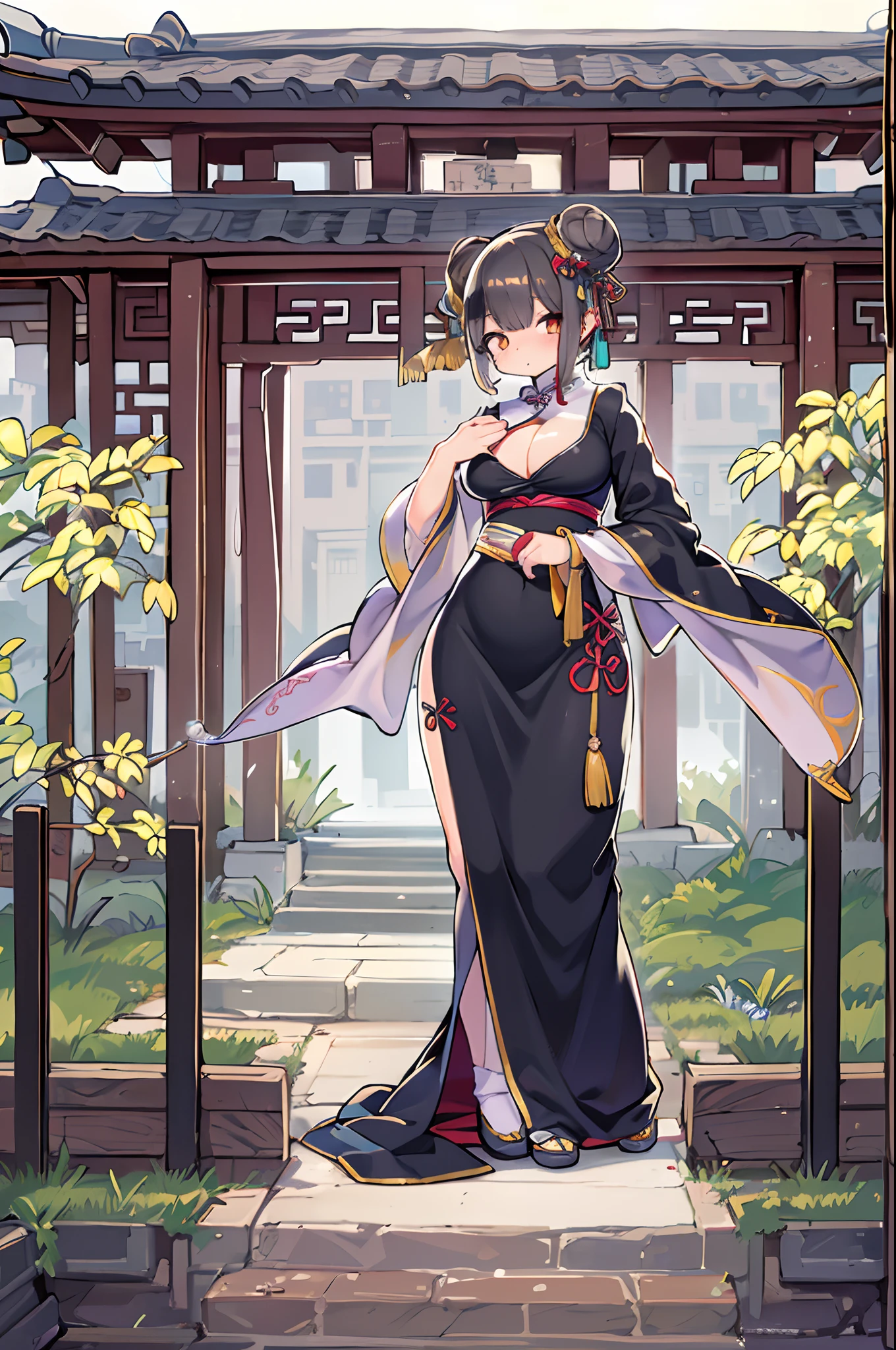 Best Quality, masutepiece, hight resolution,1girl in, china hanfu,Background of Chinese Architect,Chinese Bang Black Shorthair,Bun cover,qipao dress, long-one-piece dress,Tight mini skirt, Gold Decoration Dresses, Sleeveless, super detailed dress,cleavage, cleavage cutout, Clothes Cutout,