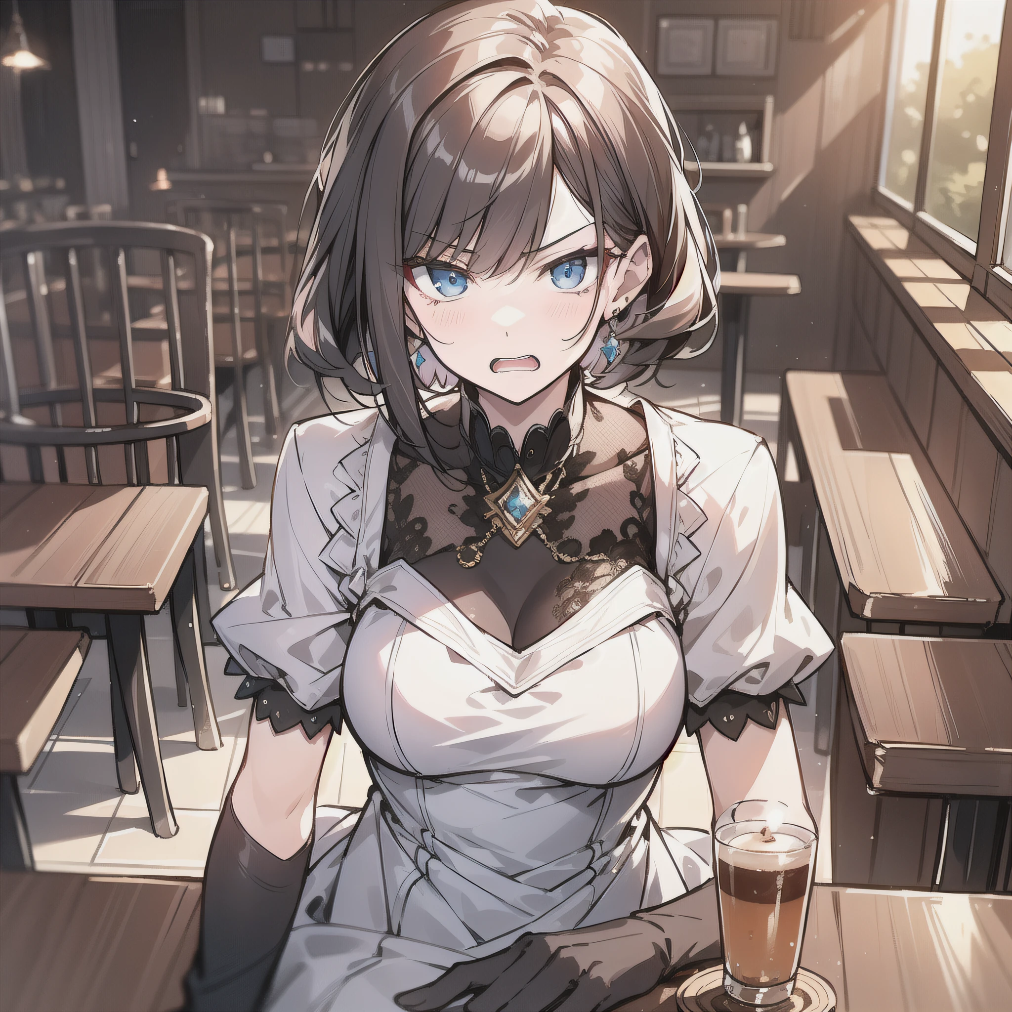 A beauty with short white hair，Wearing a white dress，Sitting at a table in an upscale café with an angry expression（Rage 1.5）（Open mouth 1.5）（The background is in an upscale café：1.5），Anime style 4K，Anime rendering，style of anime，8K fineness，（Upper body display：1.5）（Cinematic lighting：1.5）Middle-aged woman 1.5