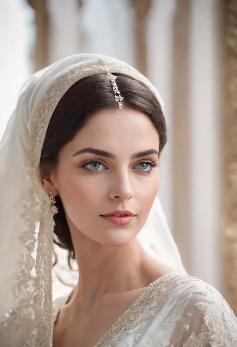 Black-haired woman ,Grayish-blue eyes,white-skinned, Wear Women's White Costume Islamic Kaftan ;veiled,Fitness,Good dresses.,A beautiful , Amazigh jewellery in Andalusia's palaces looks forward,medium:oil painting,detailed clothes,Detailed structure,Detailed patterns on clothes,Flowing sheer dress,Best Quality,Hi-Res,ultra-detailed image,soft lighting,tranquil atmosphere,Beautiful colors.